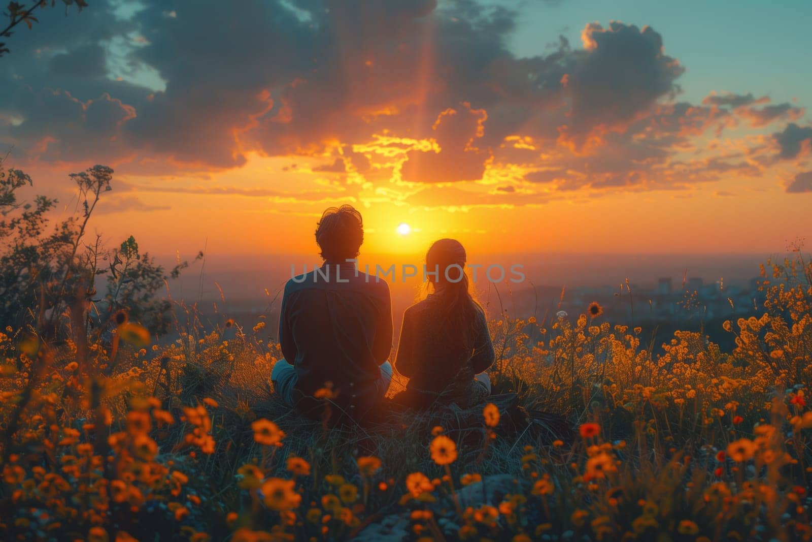 A couple sits in a flowerfilled field, watching the orange sun set behind the clouds. They gaze at the natural landscape, happy, as an afterglow colors the sky