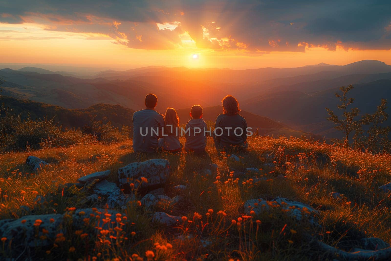 A family sits on a mountain peak witnessing the orange afterglow of the sunset, surrounded by clouds and a picturesque natural landscape