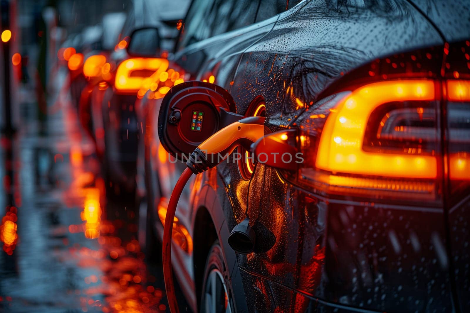 A line of electric cars is parked on a rainy street, charging their batteries. The automotive exterior and lighting reflect on the wet pavement