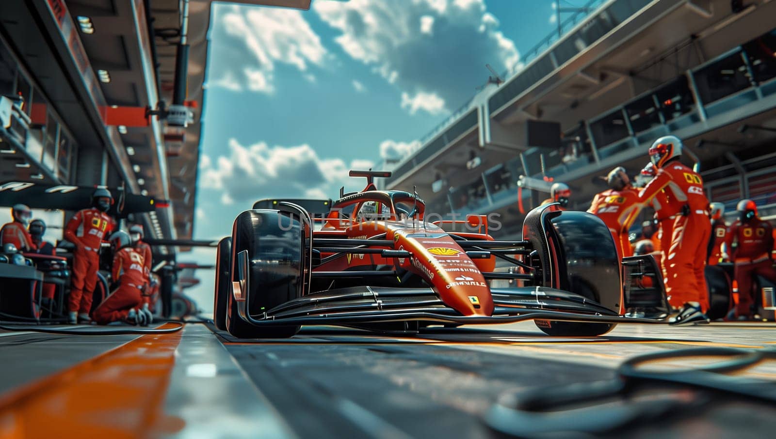 A motor vehicle is parked in the pit lane at a race track, with its hood up. The automotive tires and bumper are visible, under the cloudy sky and bright automotive lighting