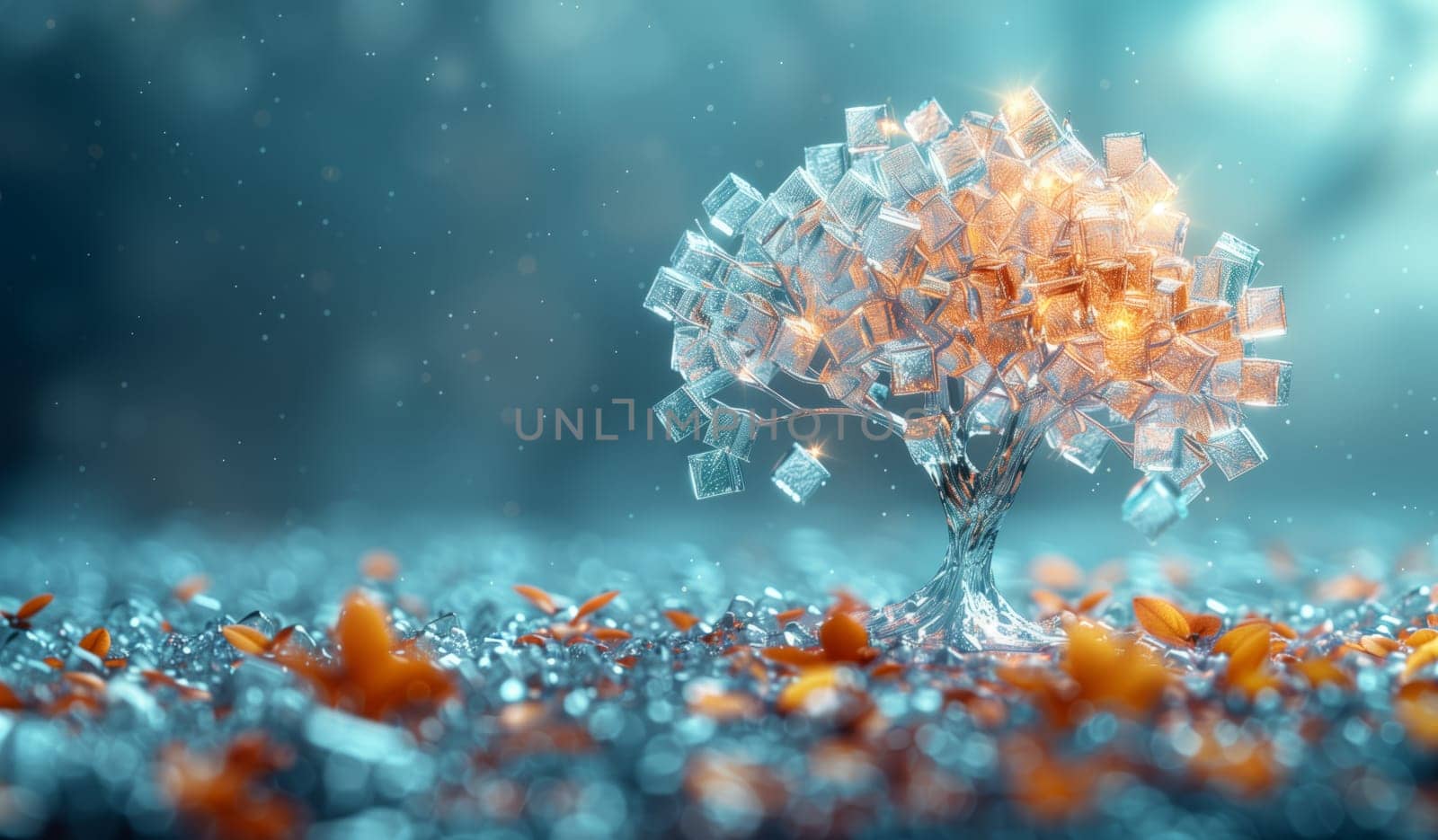 An electric blue tree made of recycled plastic bottles is sprouting from a sea of leaves underwater. This art installation combines marine biology, science, and the use of natural materials