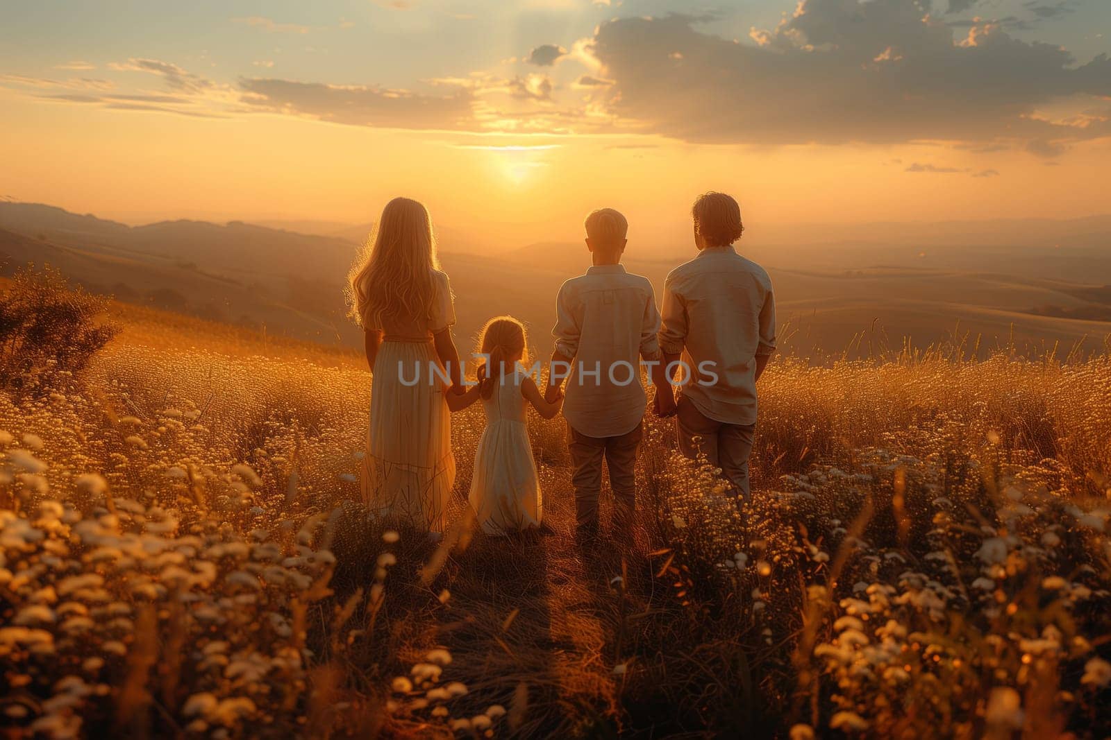 A happy family standing in a field, holding hands at sunset, surrounded by natural landscape. The sky is filled with colorful clouds as the sunlight fades into dusk