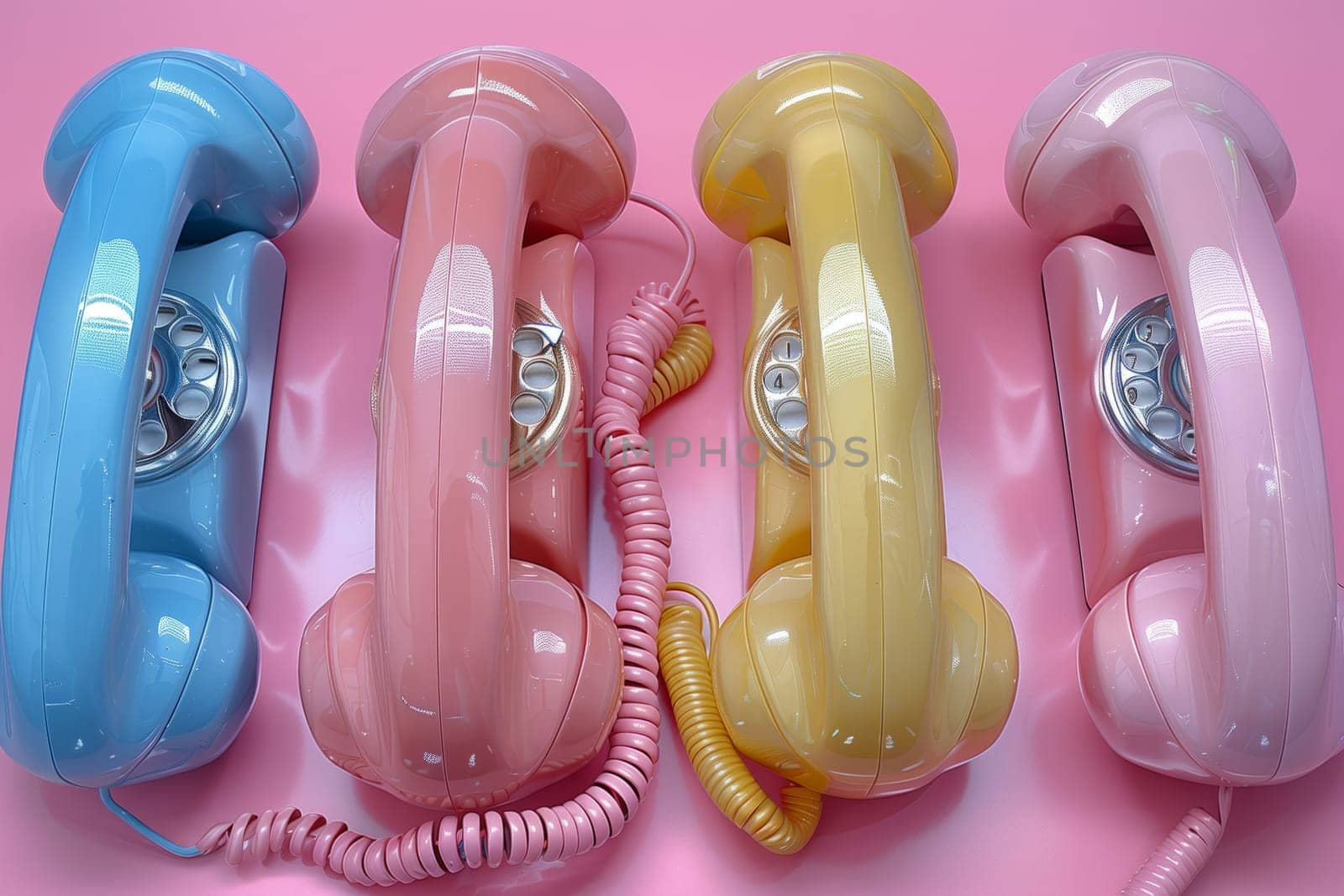 Row of pink and yellow telephones on pink background by richwolf