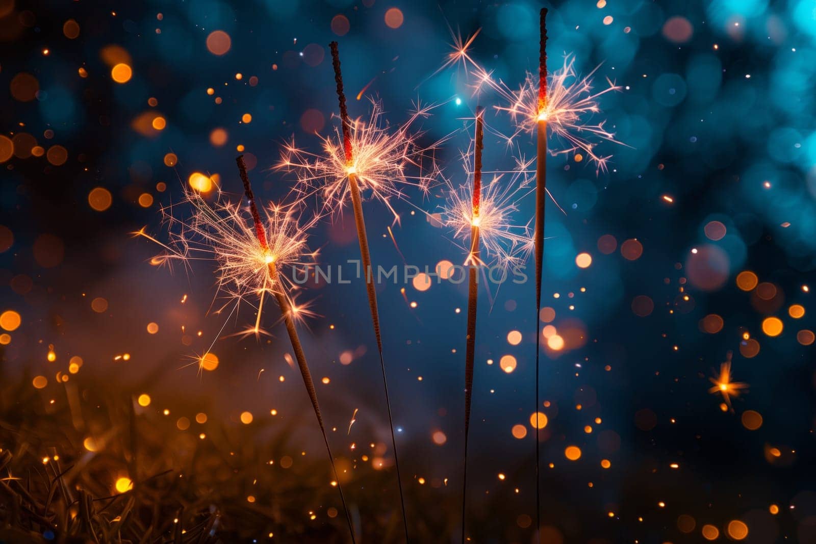 The atmosphere was illuminated by a bunch of sparklers in the dark, creating an electric blue glow reminiscent of a fireworks event at midnight
