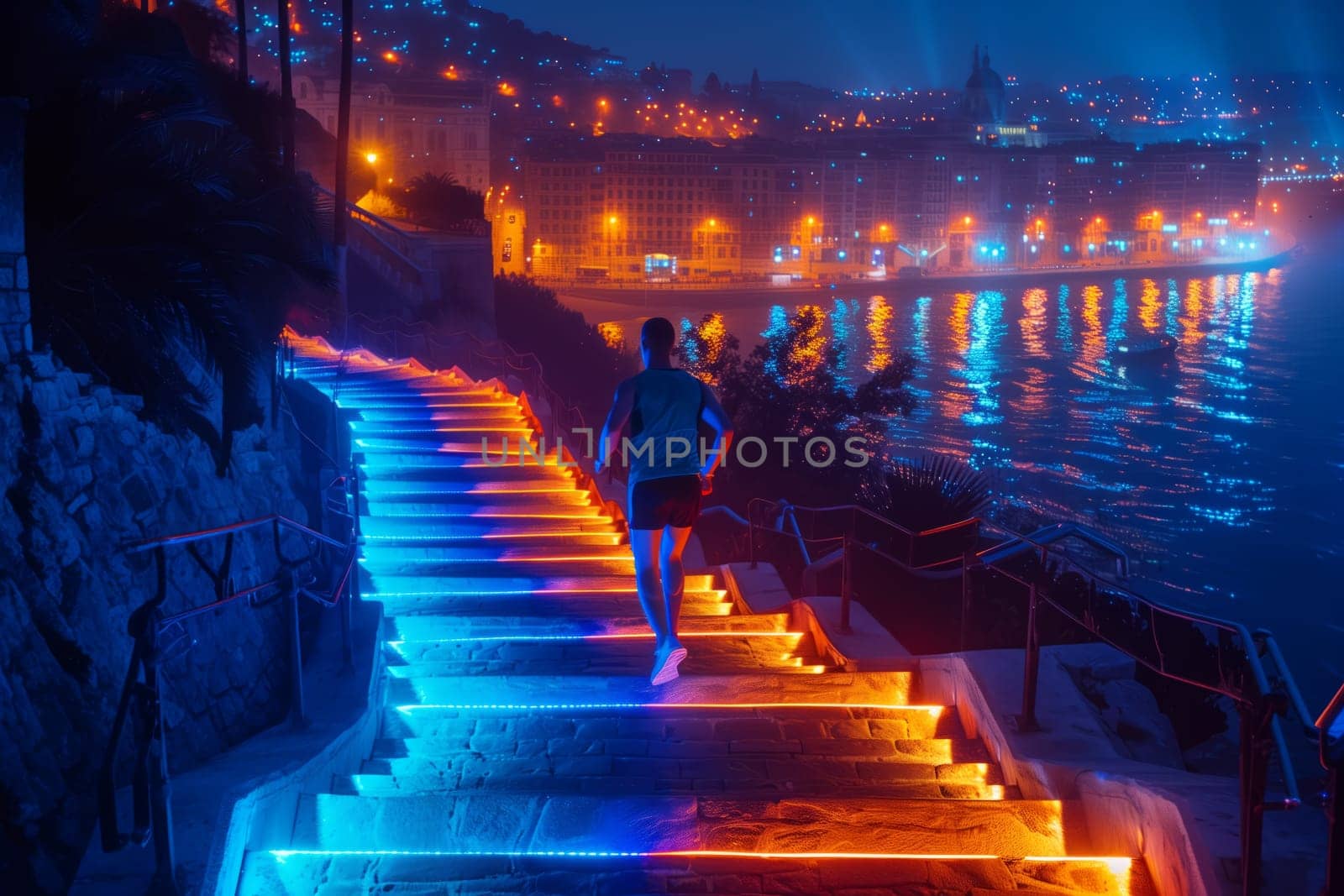 A man is running up a set of stairs illuminated by the city lights at night, with the reflection of the skyline on the water below as the dusk sky looms above