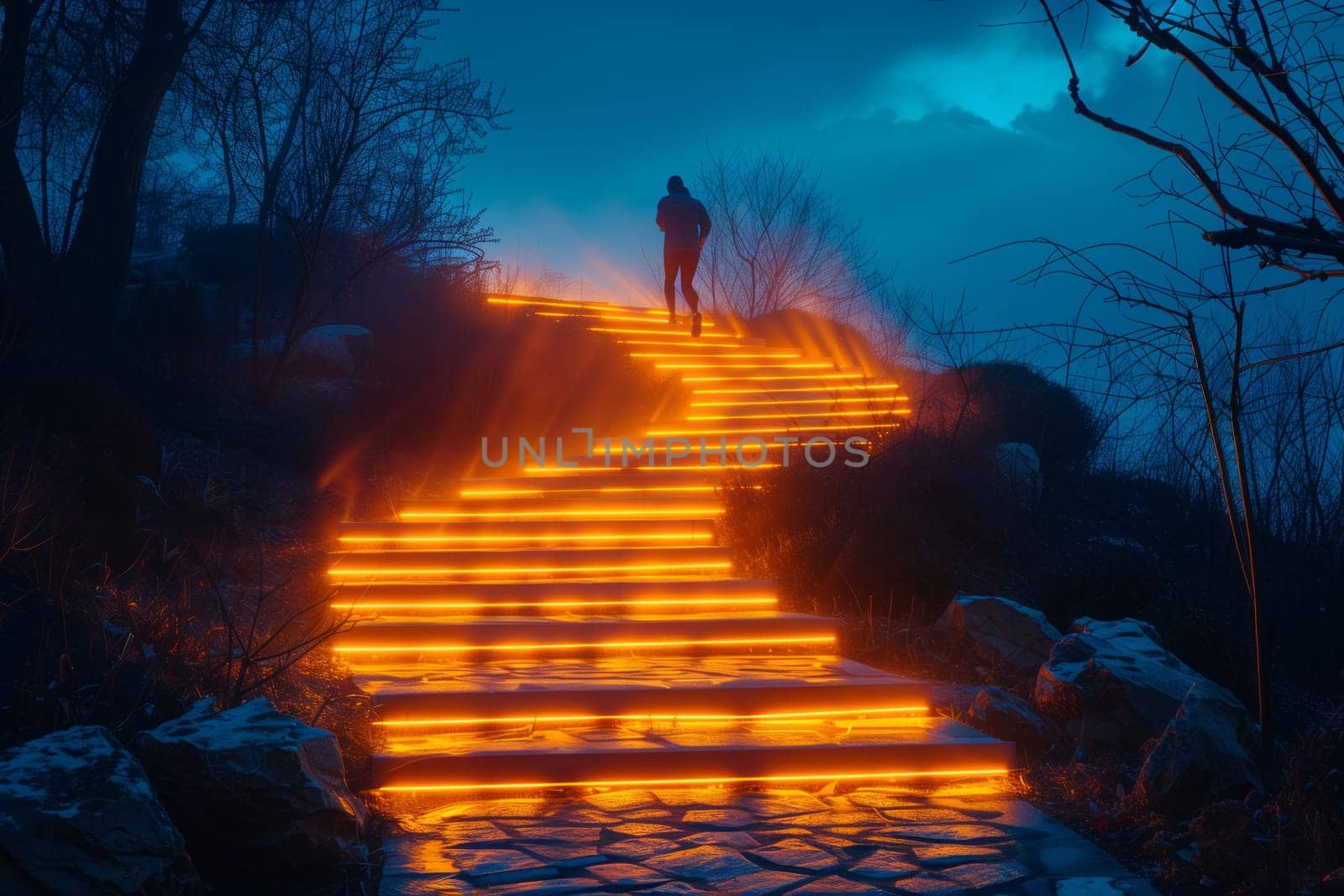 Standing on illuminated stairs at night, surrounded by the atmosphere of a dark sky filled with clouds, the world below transformed into a magical landscape with trees and plants