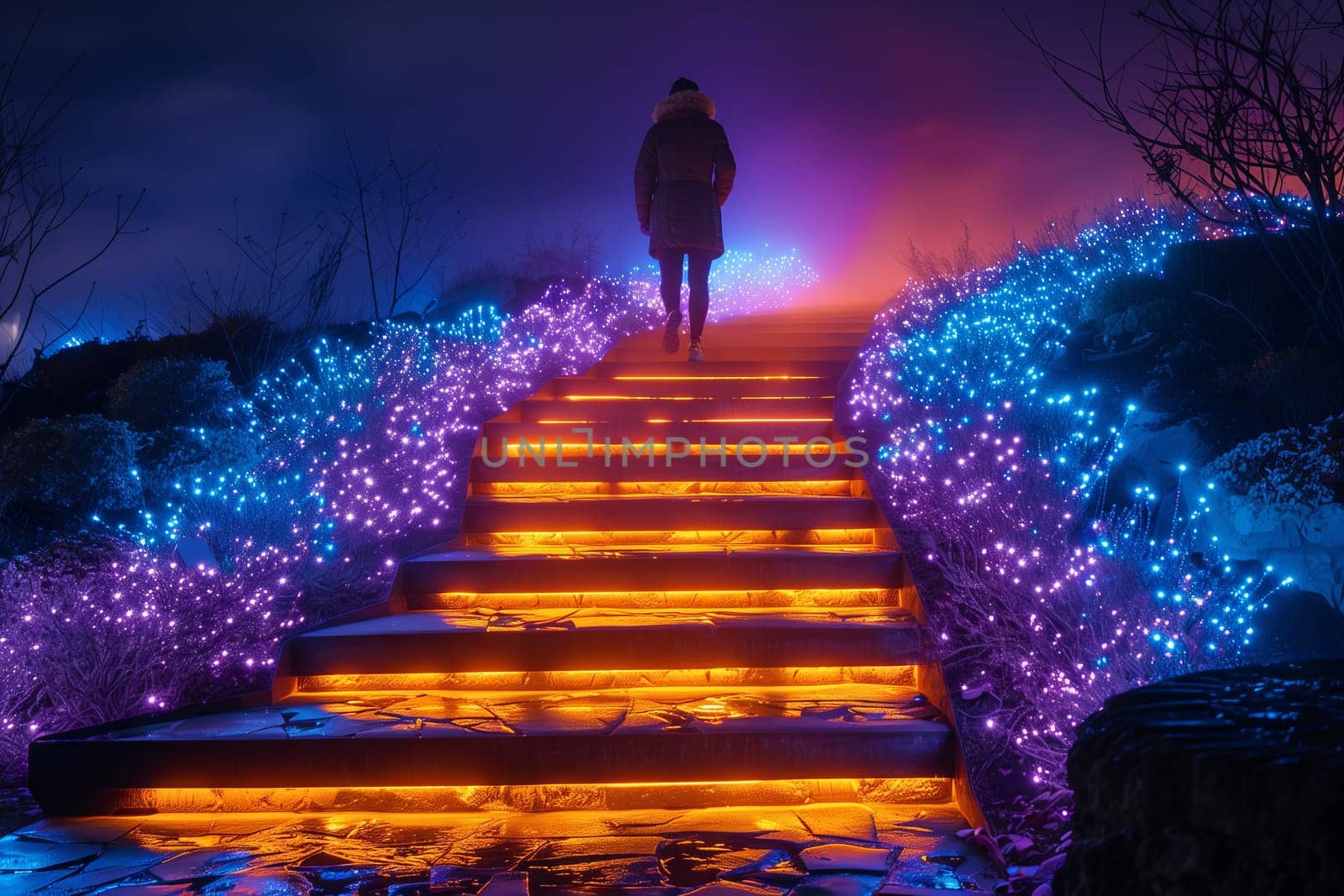 A figure ascends a staircase adorned with twinkling Christmas lights in a world of electric blue, magenta, and violet hues, creating a symmetrical and festive art display at midnight