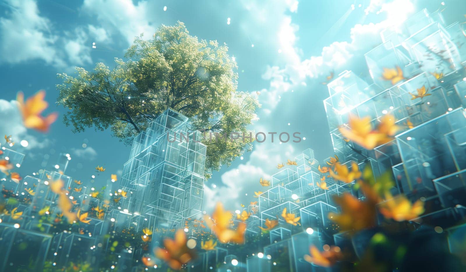 An art piece capturing a cityscape with a tree, flowers, and a cloudy sky in the background, creating a natural landscape with a touch of marine biology