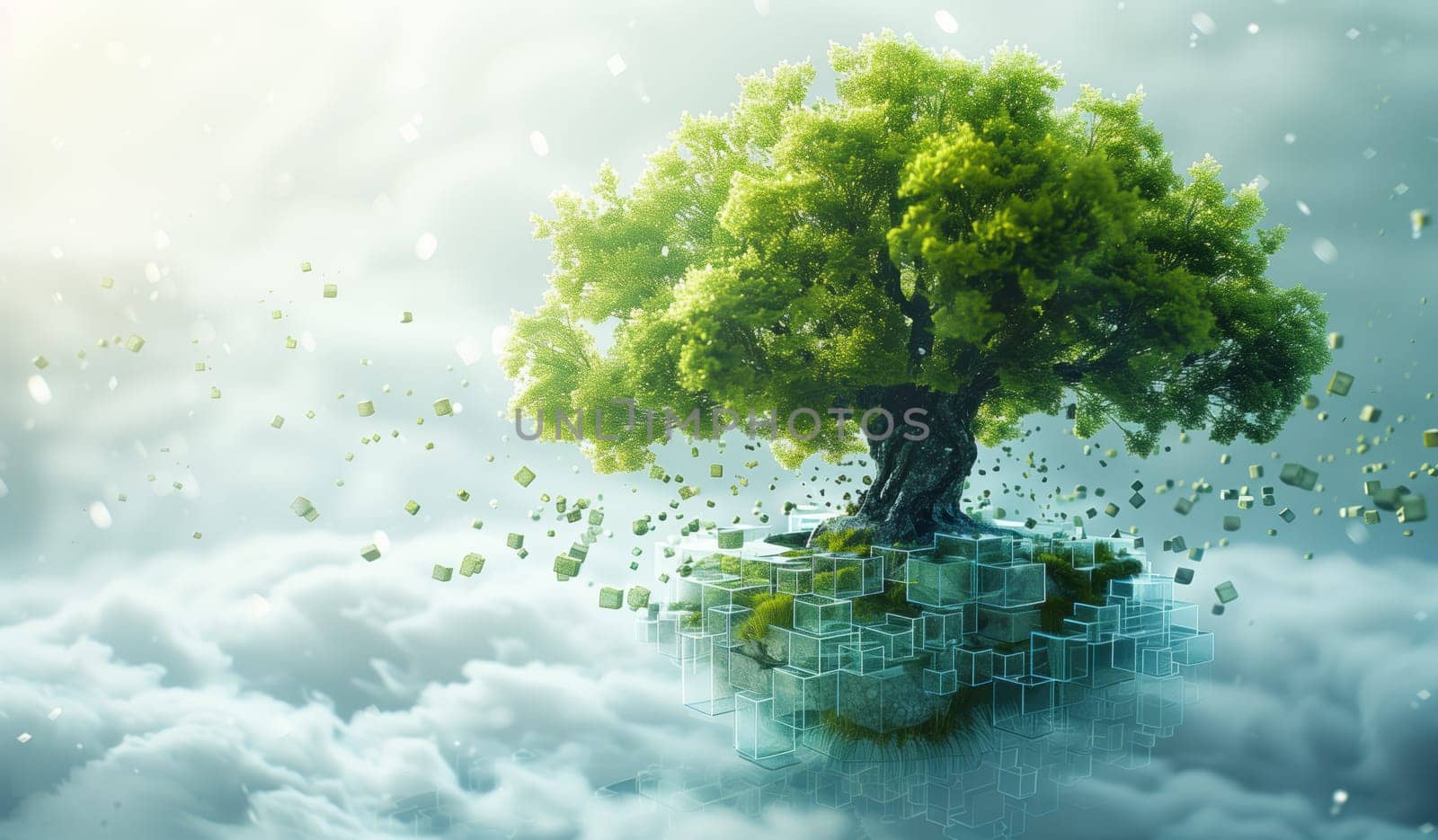 A tree is gracefully floating amidst a cloudy sky, creating a picturesque sight in the natural landscape. The watercourse below reflects the beauty of the plant, grass, and twigs surrounding it