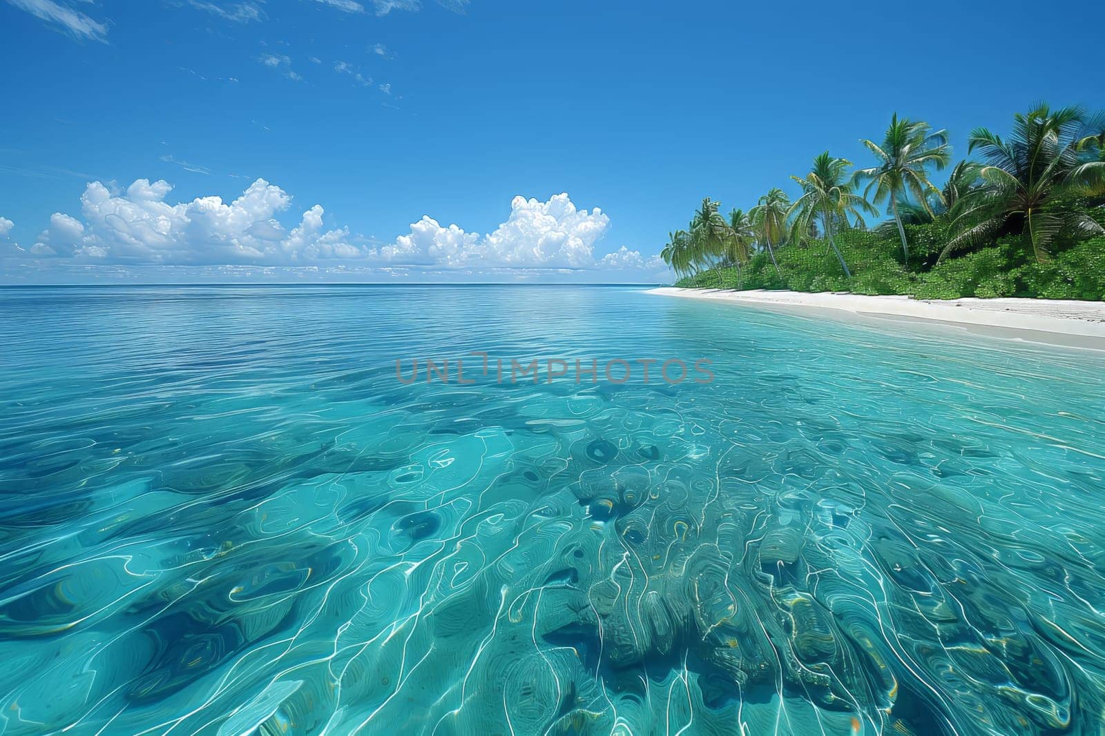 An idyllic natural landscape featuring palm trees swaying in the breeze, a clear azure ocean reflecting the sky, and fluffy white clouds floating overhead