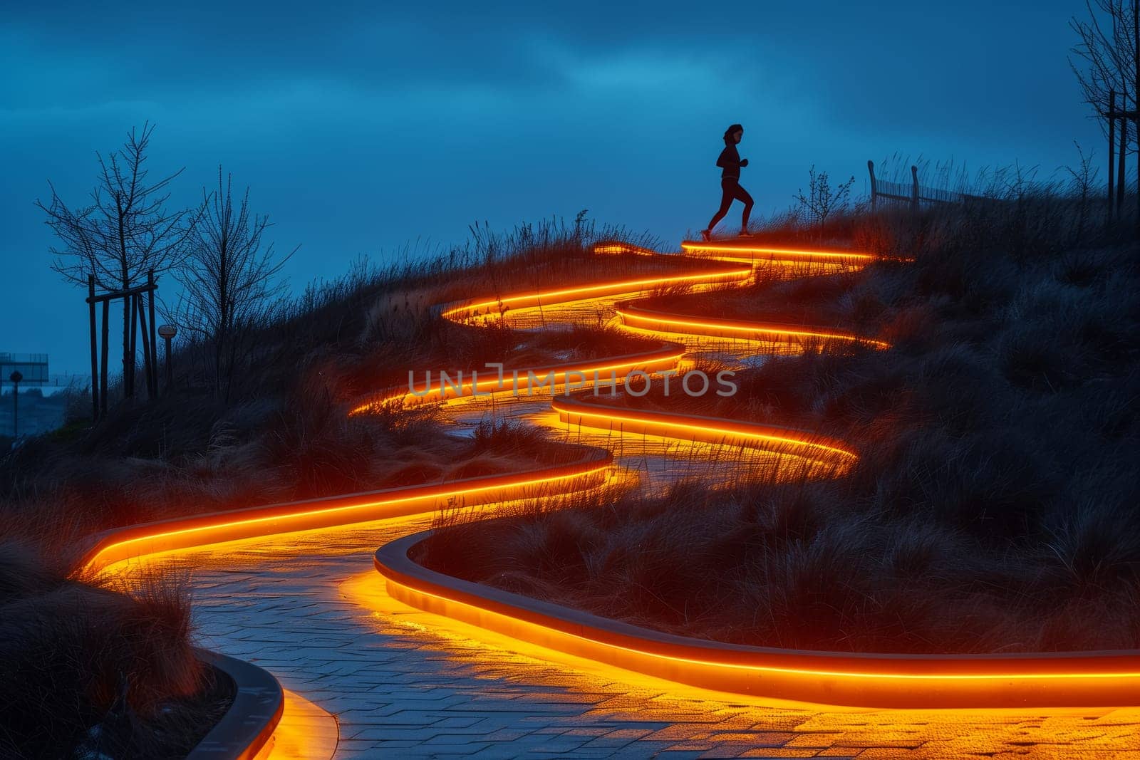 A person is sprinting up a illuminated path on a sloping road at night, with the skyline and natural landscape visible in the horizon