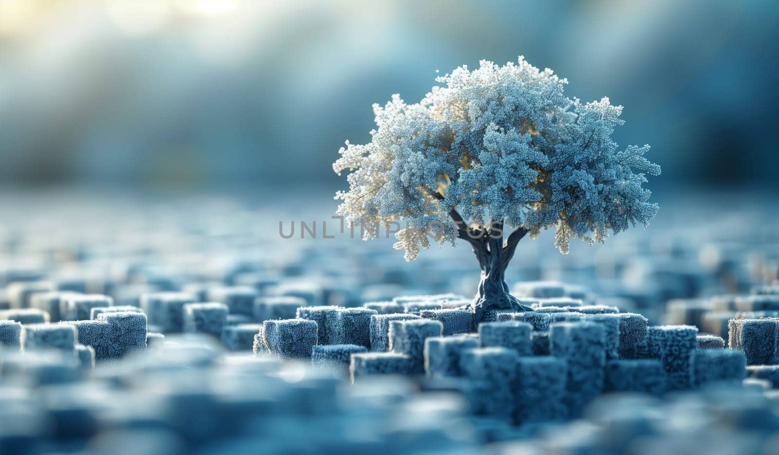 In the cemetery, a small tree emerges from a pile of rocks against the backdrop of a cloudy sky. The sunlight shines down, highlighting the freezing atmosphere and enhancing the natural landscape
