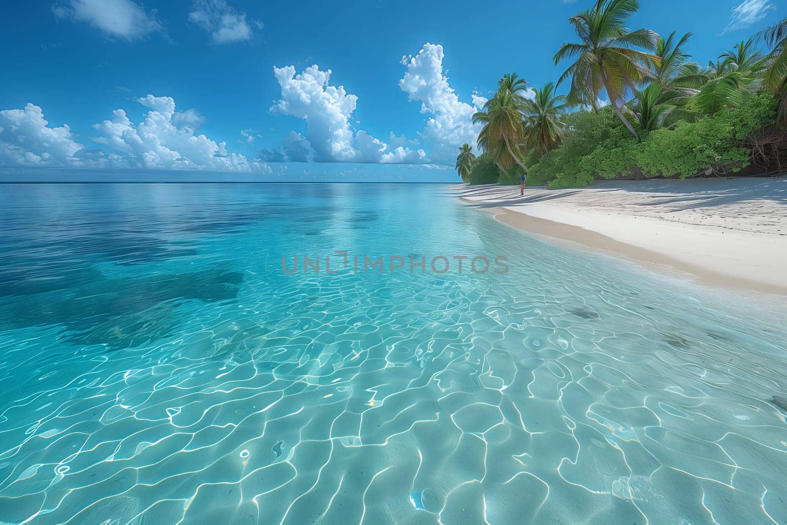 A natural landscape with palm trees, azure sky, and a clear blue ocean reflecting the fluffy white clouds. The fluidity of the aqua water completes the tranquil scene