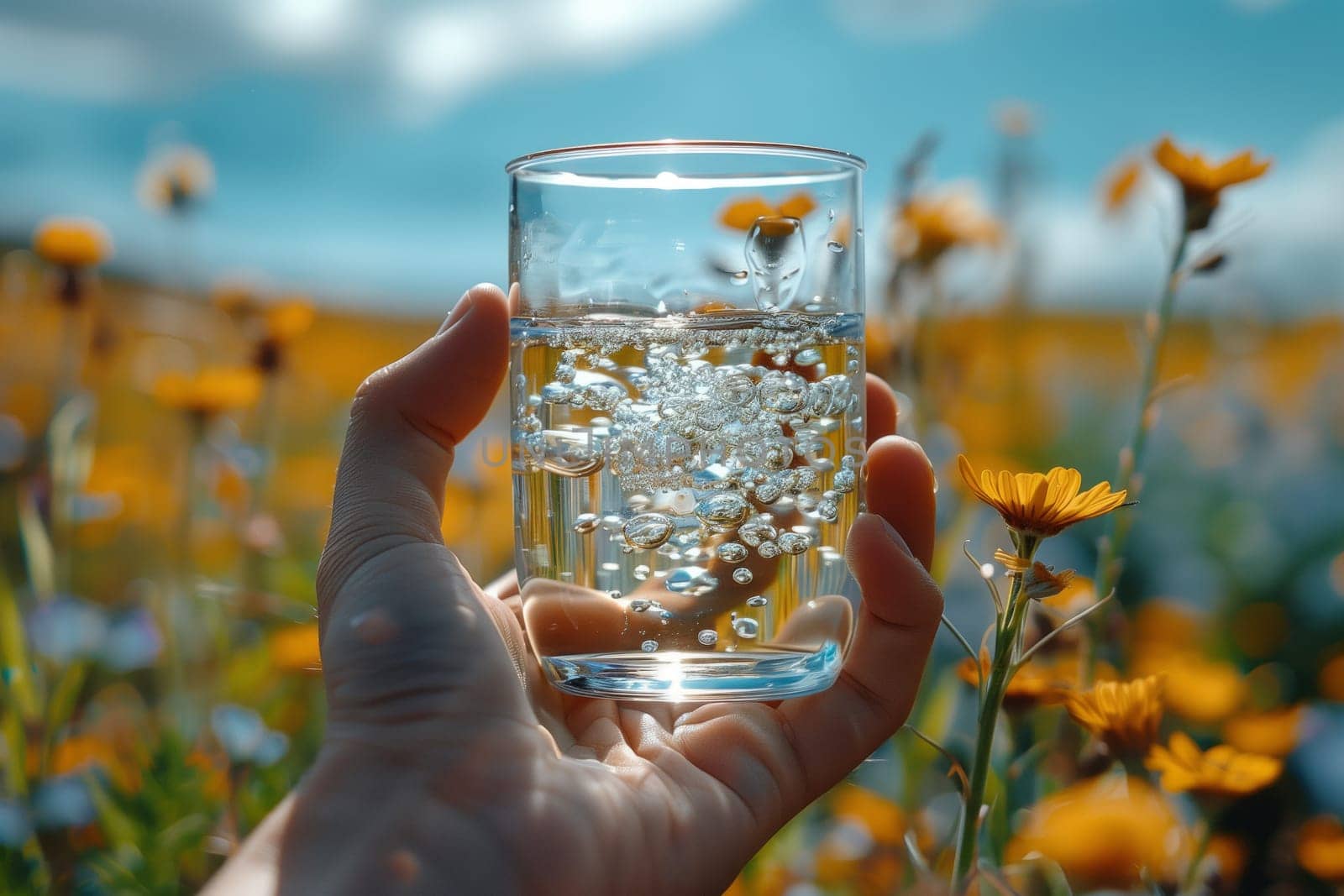 A person is standing with a glass of liquid in front of a beautiful field of flowers, under the vast sky. The gesture symbolizes harmony between water, plants, and nature