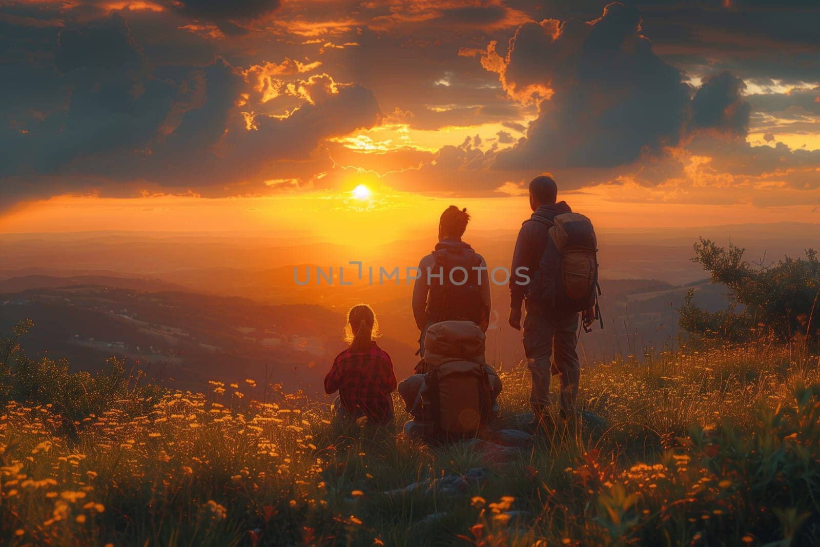 A group of happy people are standing in a natural landscape, watching the sun set behind the horizon, surrounded by beautiful clouds in the sky