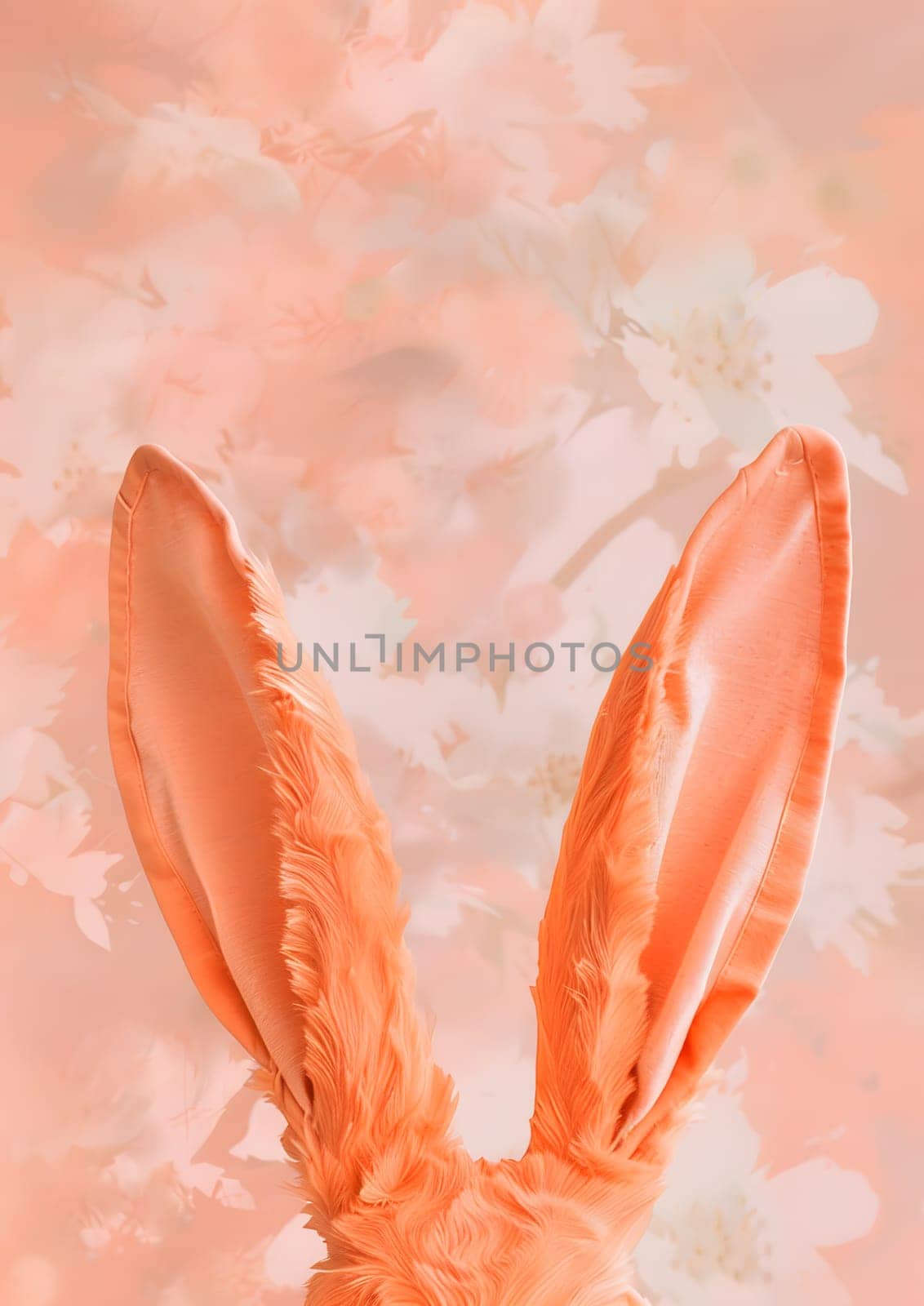 A closeup of a rabbits fluffy ears with orange peach fur, resembling a feathered fashion accessory, set against a vibrant carmine pink background