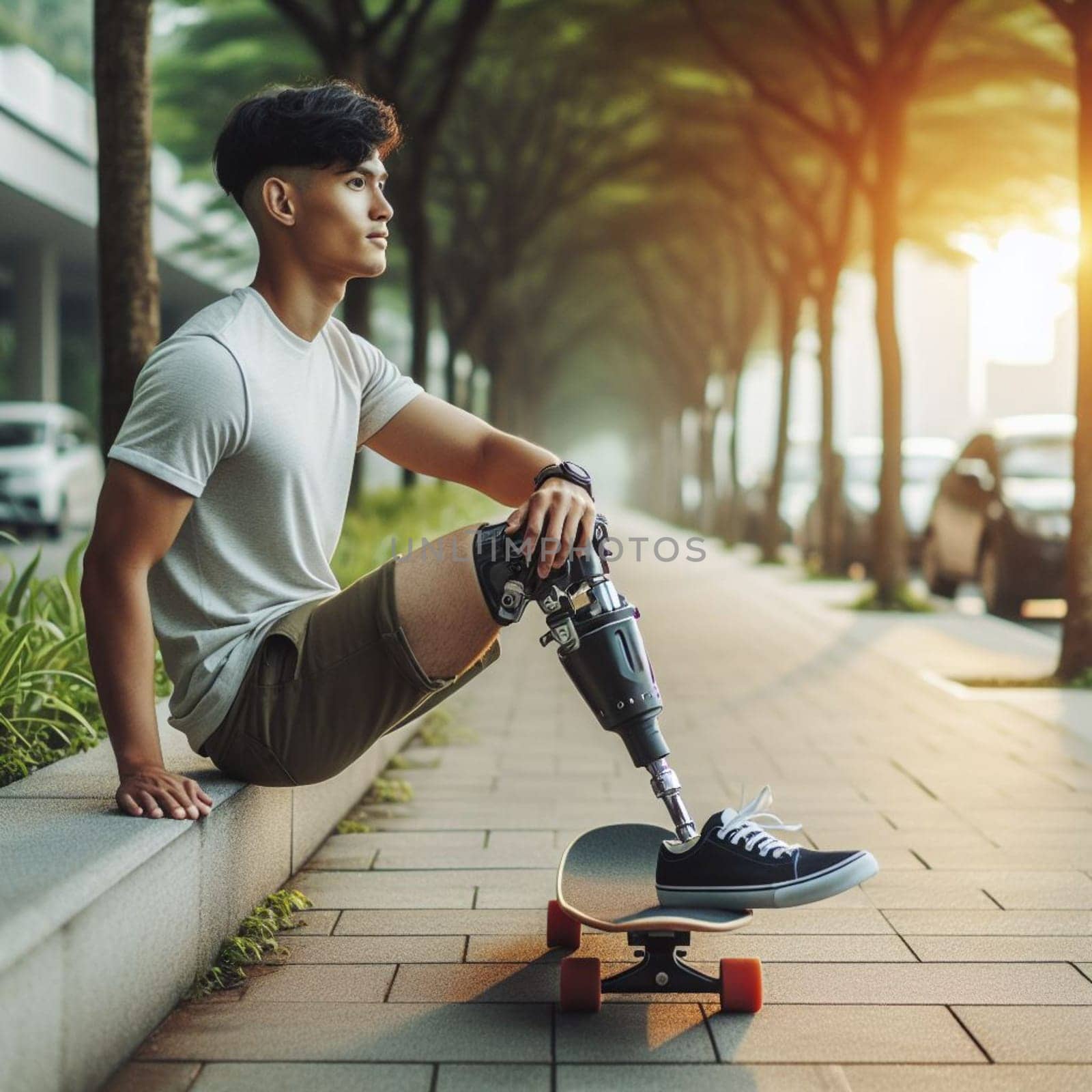 A man with a prosthetic leg is skateboarding down a sidewalk at sunset in a city setting by verbano