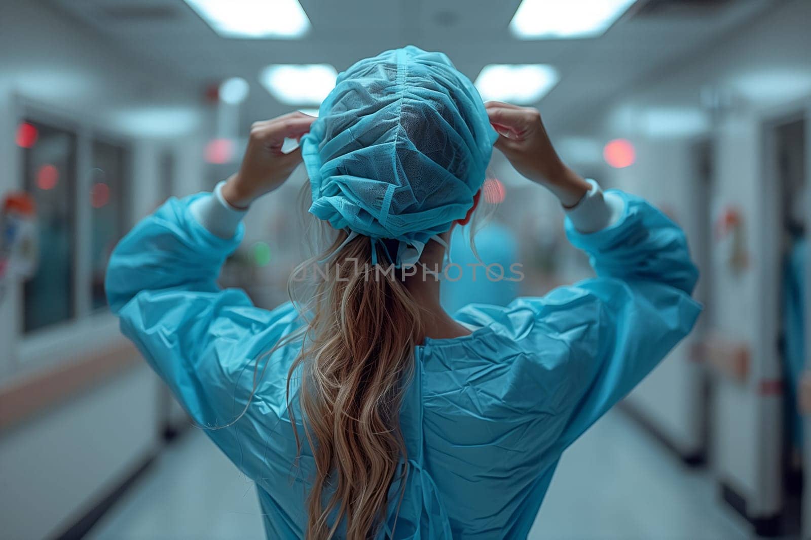 A female surgeon is donning an electric blue surgical gown and magenta headgear in a hospital corridor, preparing for an event in the science of medicine