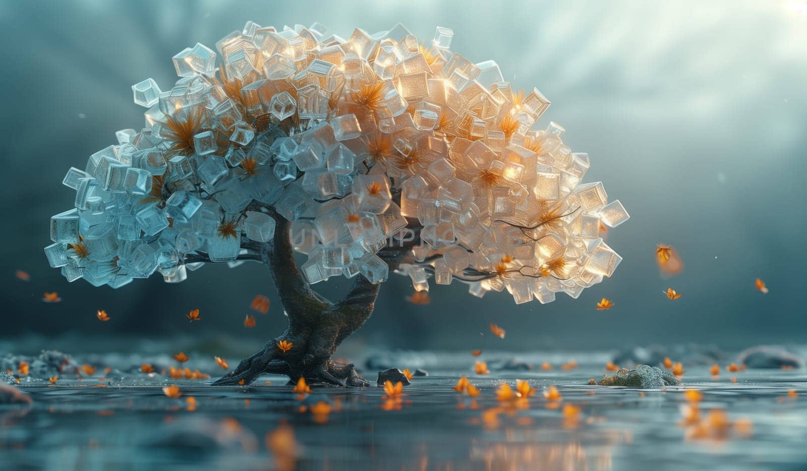 An ice cube tree sculpture stands in a body of liquid surrounded by the sky. This art installation is a unique event in the landscape, highlighting the effects of pollution on our environment
