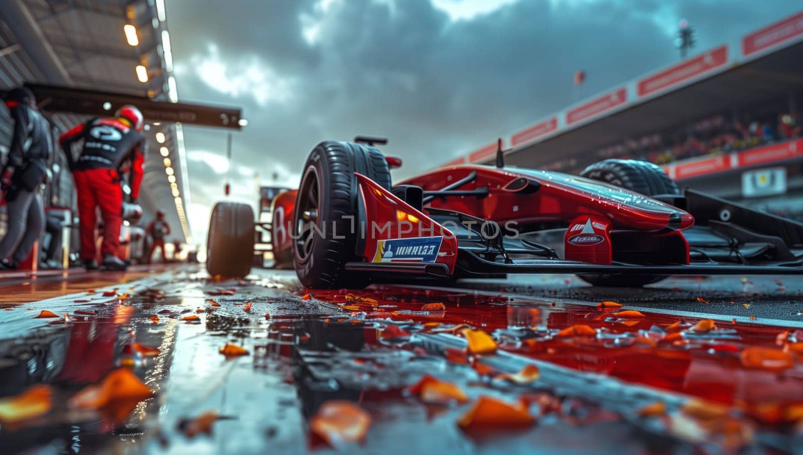 A red race car is parked by the side of a rainsoaked track, with clouds filling the sky above. The vehicles automotive tires glisten with water droplets, ready for the racing event ahead