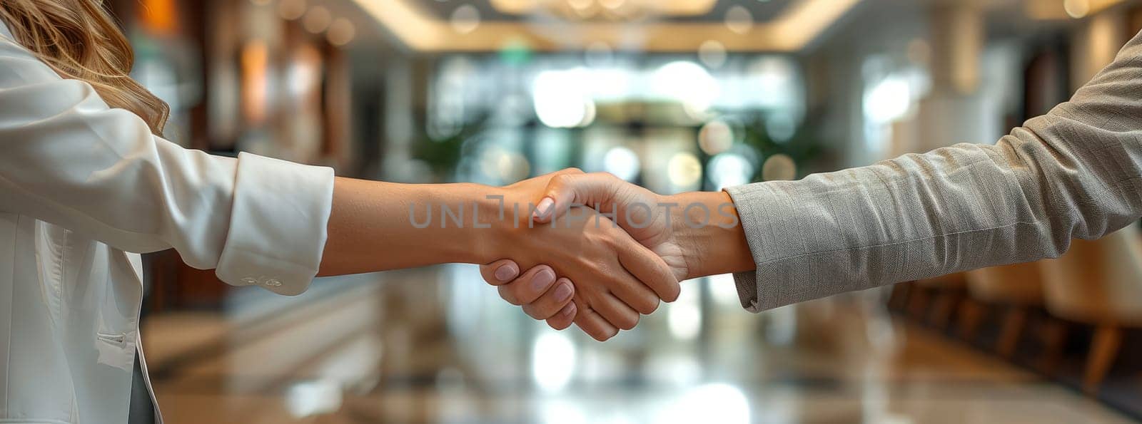 The man and woman are sharing a gesture as they shake hands in the hallway. Their thumbs interlock, wrists flexed in an electric blue lit glass hallway