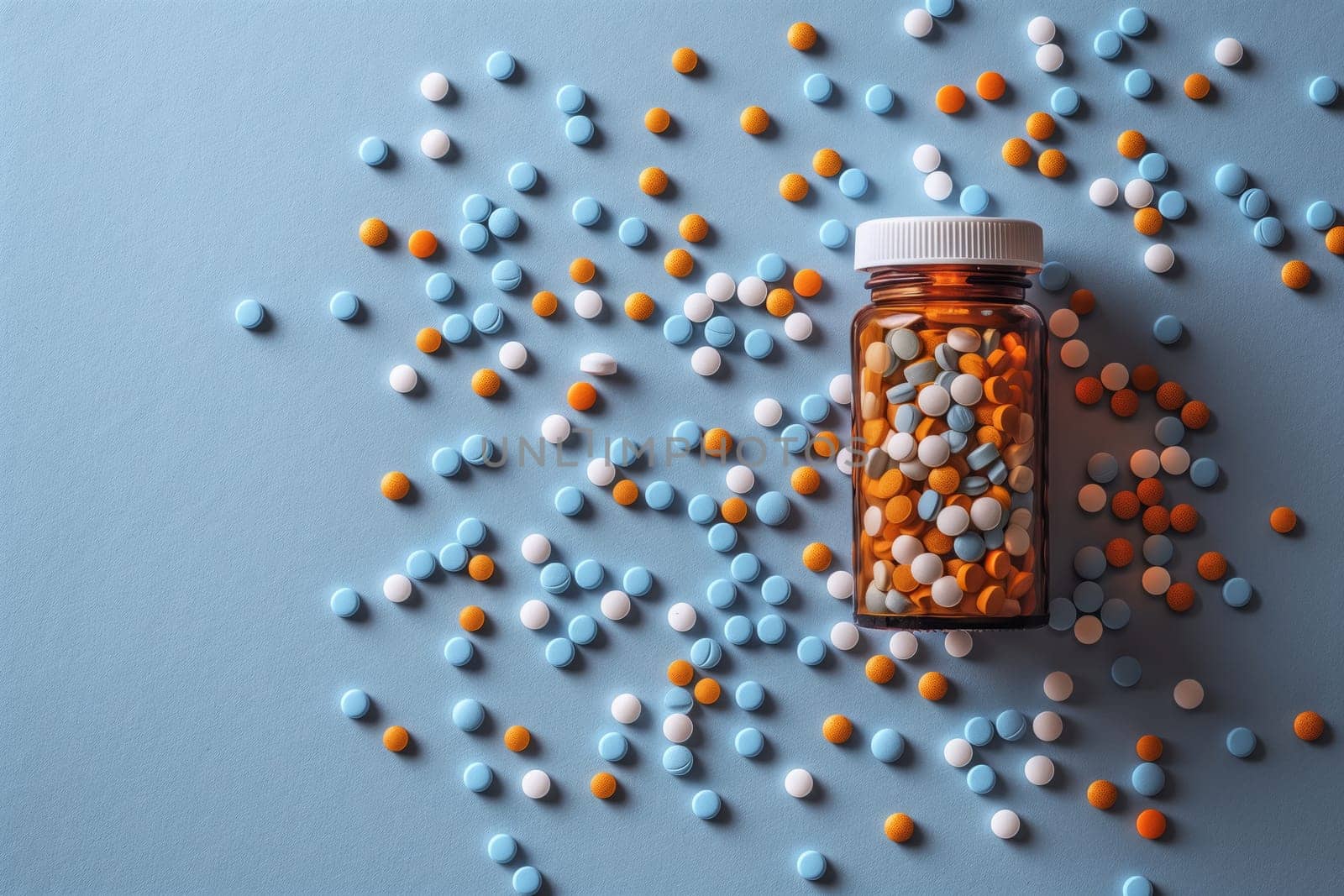 A jigsaw puzzle of colorful pills surrounds a bottle of liquid on a blue background, resembling a work of art. The pills symbolize various spices and seasonings used in cooking