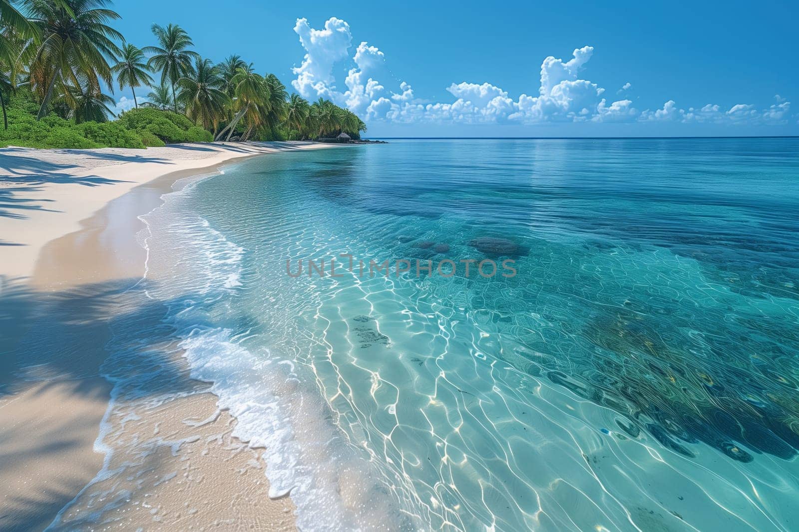 A natural landscape featuring a tropical beach with palm trees, crystal turquoise water, and a clear blue sky. The fluid body of water meets the sandy beach creating a serene scene