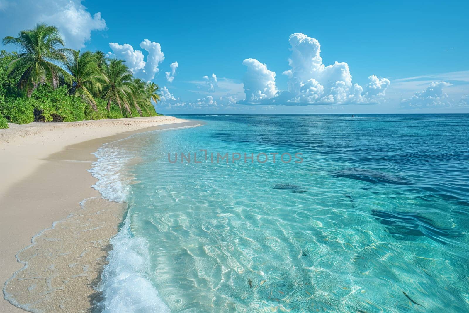 A picturesque natural landscape with palm trees lining the azure beach, crystal clear waters blending into the blue sky with fluffy clouds