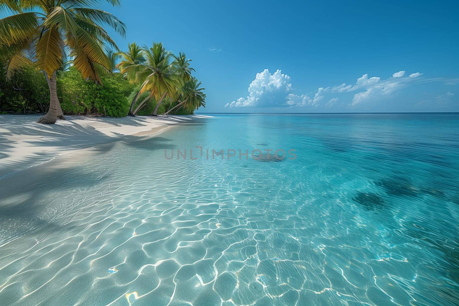 A picturesque tropical beach with lush palm trees, crystal clear turquoise water, and a backdrop of azure skies and fluffy clouds. A stunning coastal natural landscape with fluid oceanic landforms