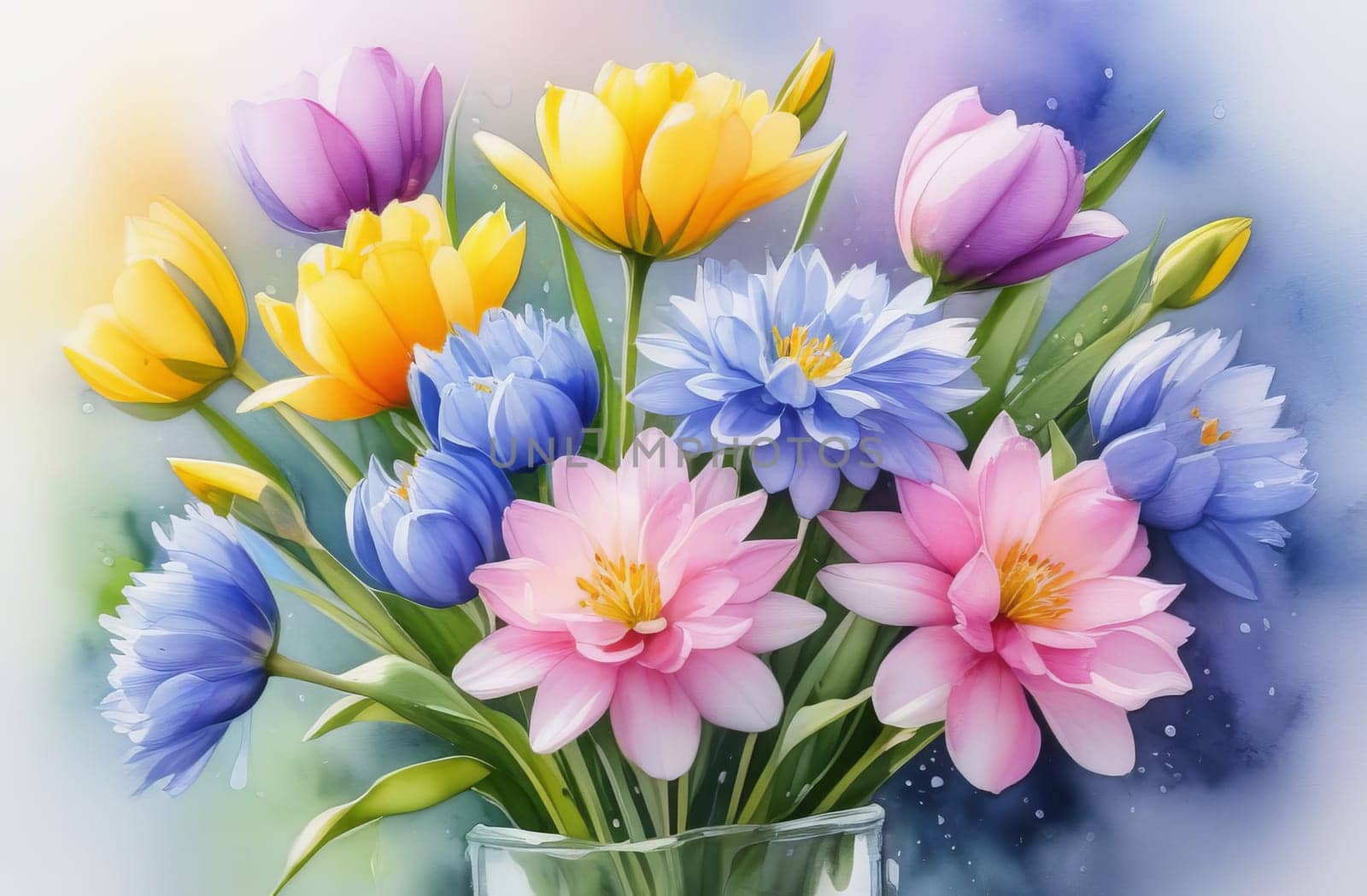 Bright bouquet of the spring flowers, watercolor, pastel colors. AI generated. by OlgaGubskaya