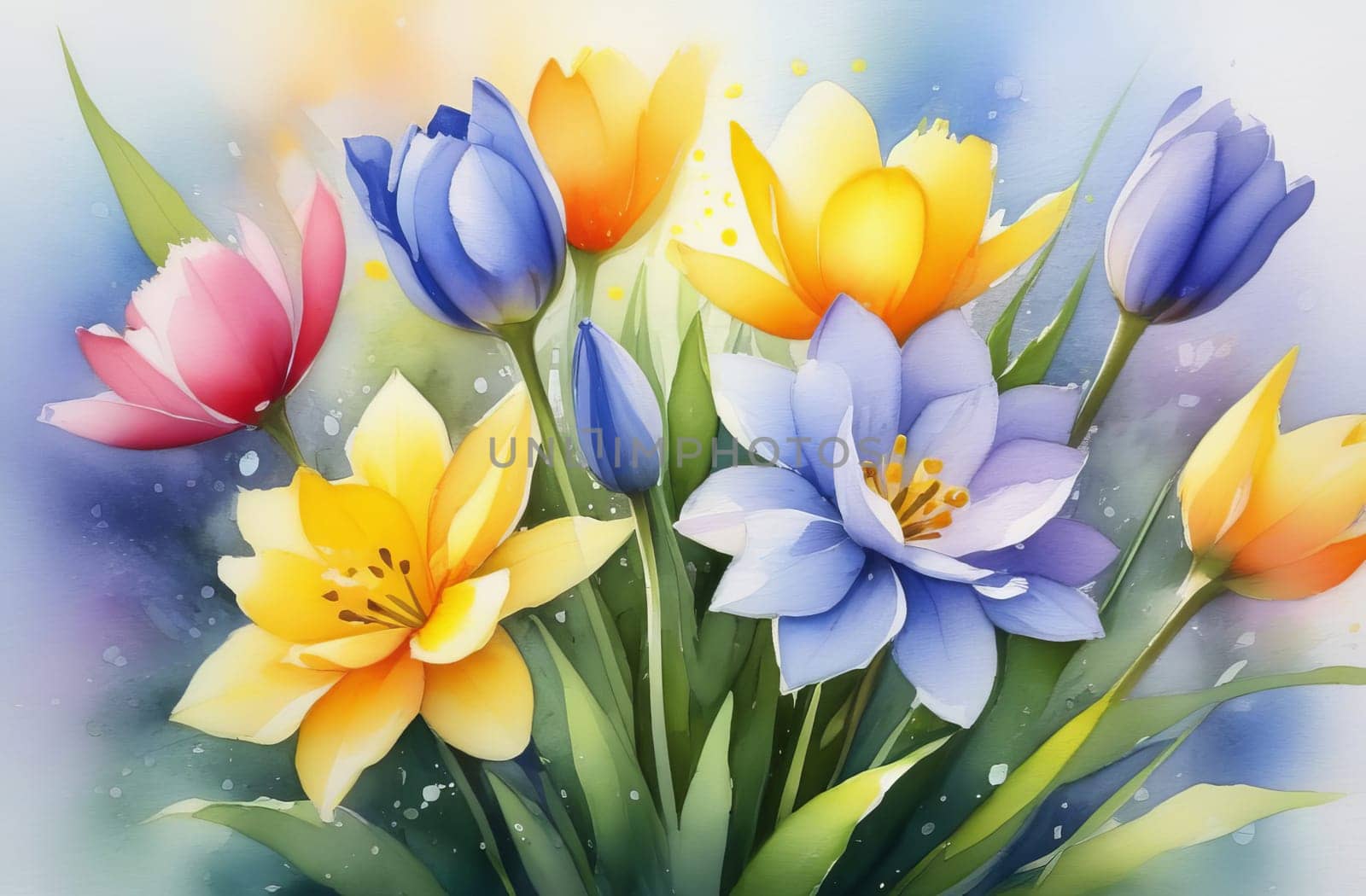 Bright bouquet of the spring flowers, watercolor, pastel colors. AI generated. by OlgaGubskaya