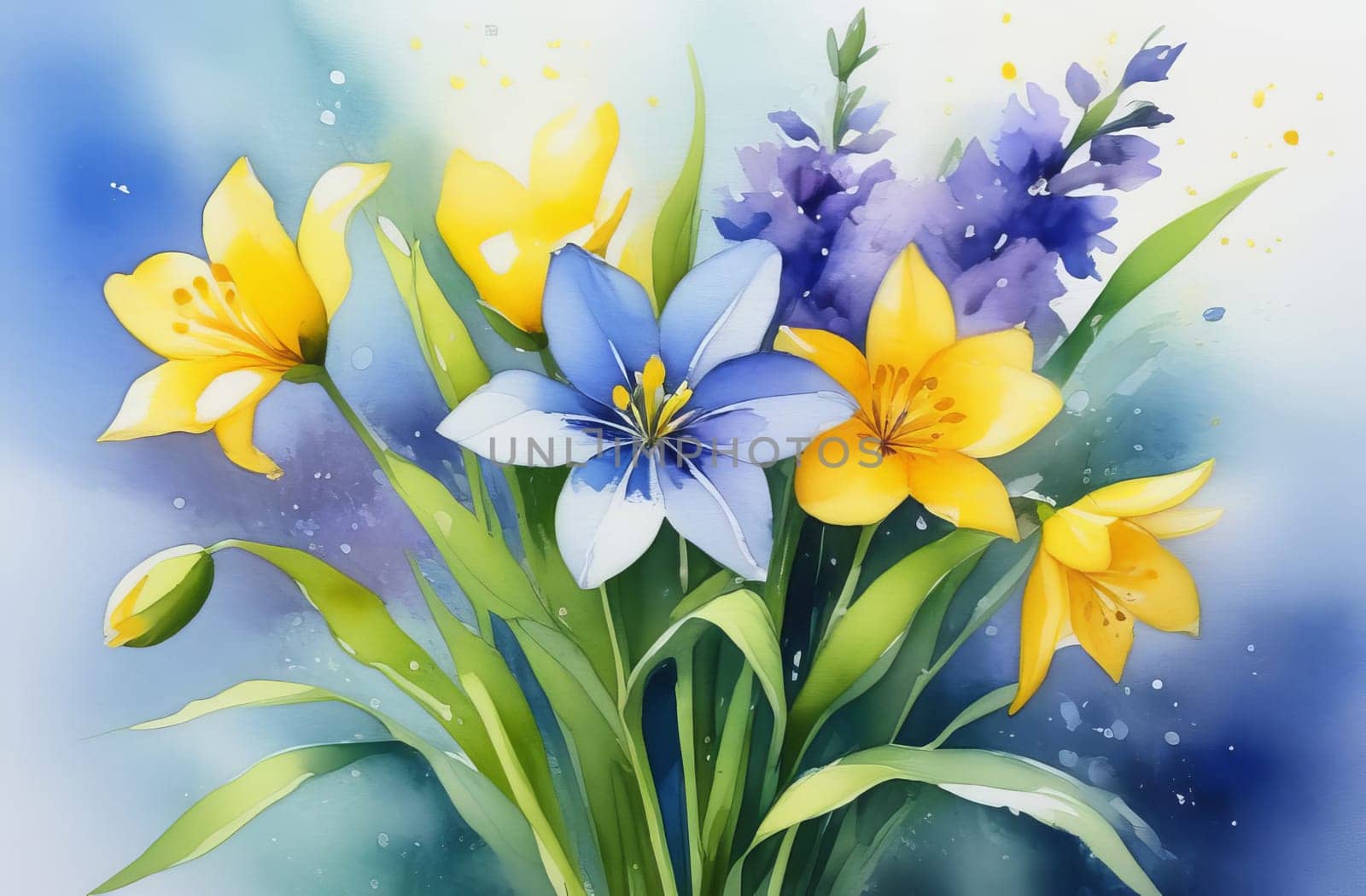 Bright bouquet of the first spring flowers, watercolor, pastel colors. AI generated.