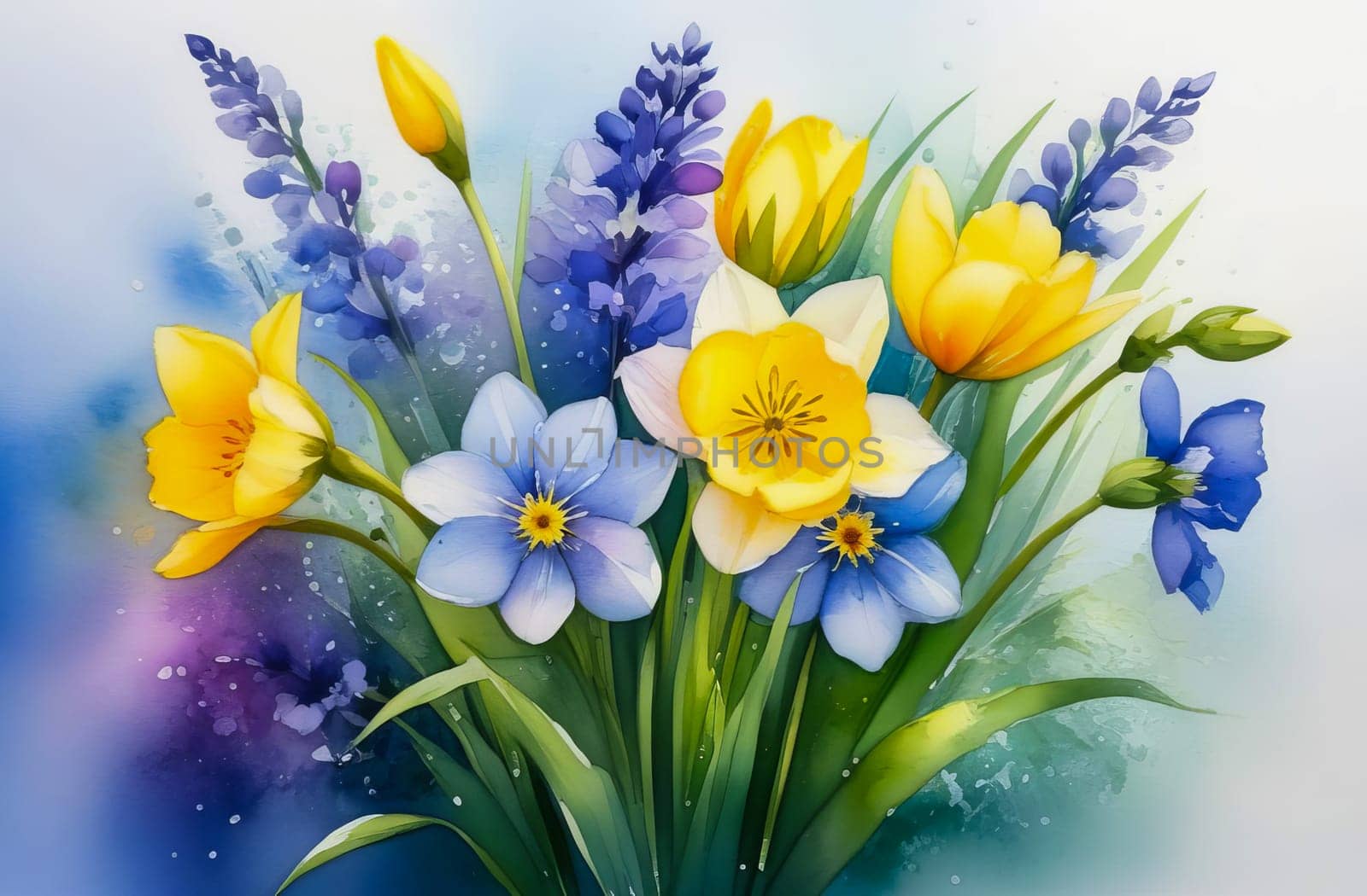 Bright bouquet of the first spring flowers, watercolor, pastel colors. AI generated.