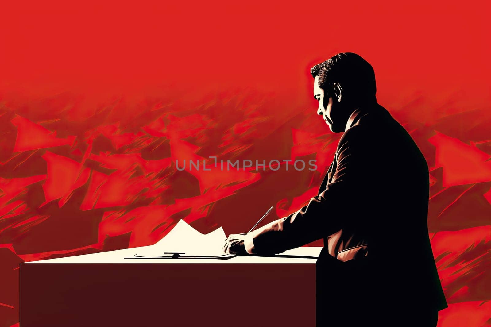 Image of a male politician at a table with papers on a red background. Concept of elections, politics, democracy. Generative AI by Vovmar