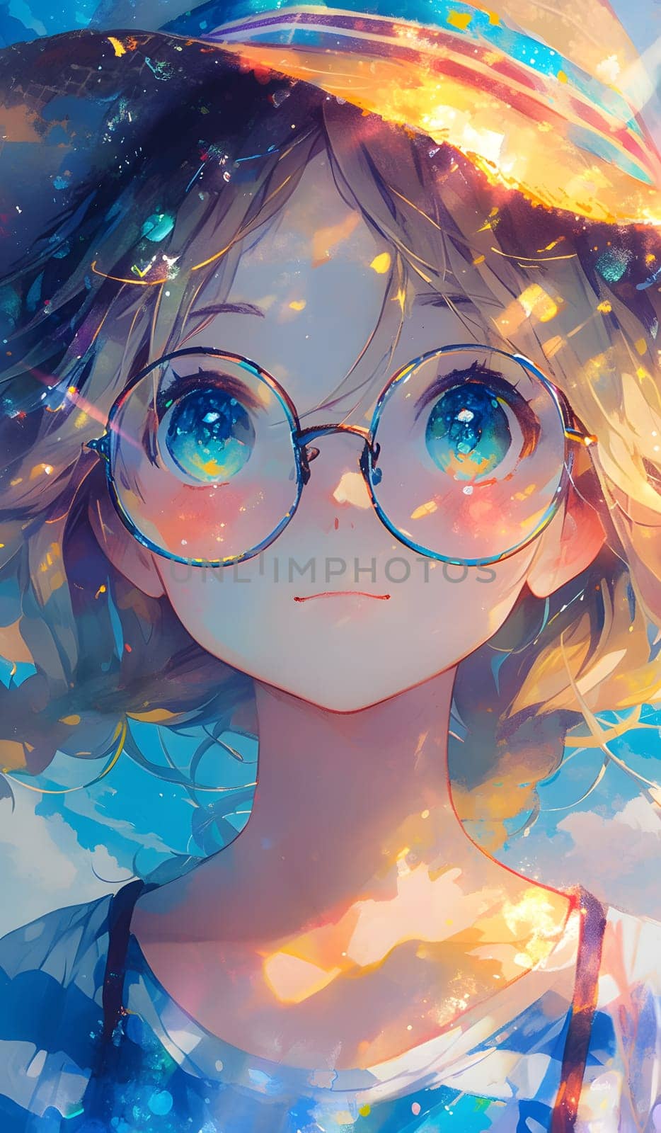 Close up of a girl in glasses and a hat, with azure iris and purple eyelashes by Nadtochiy