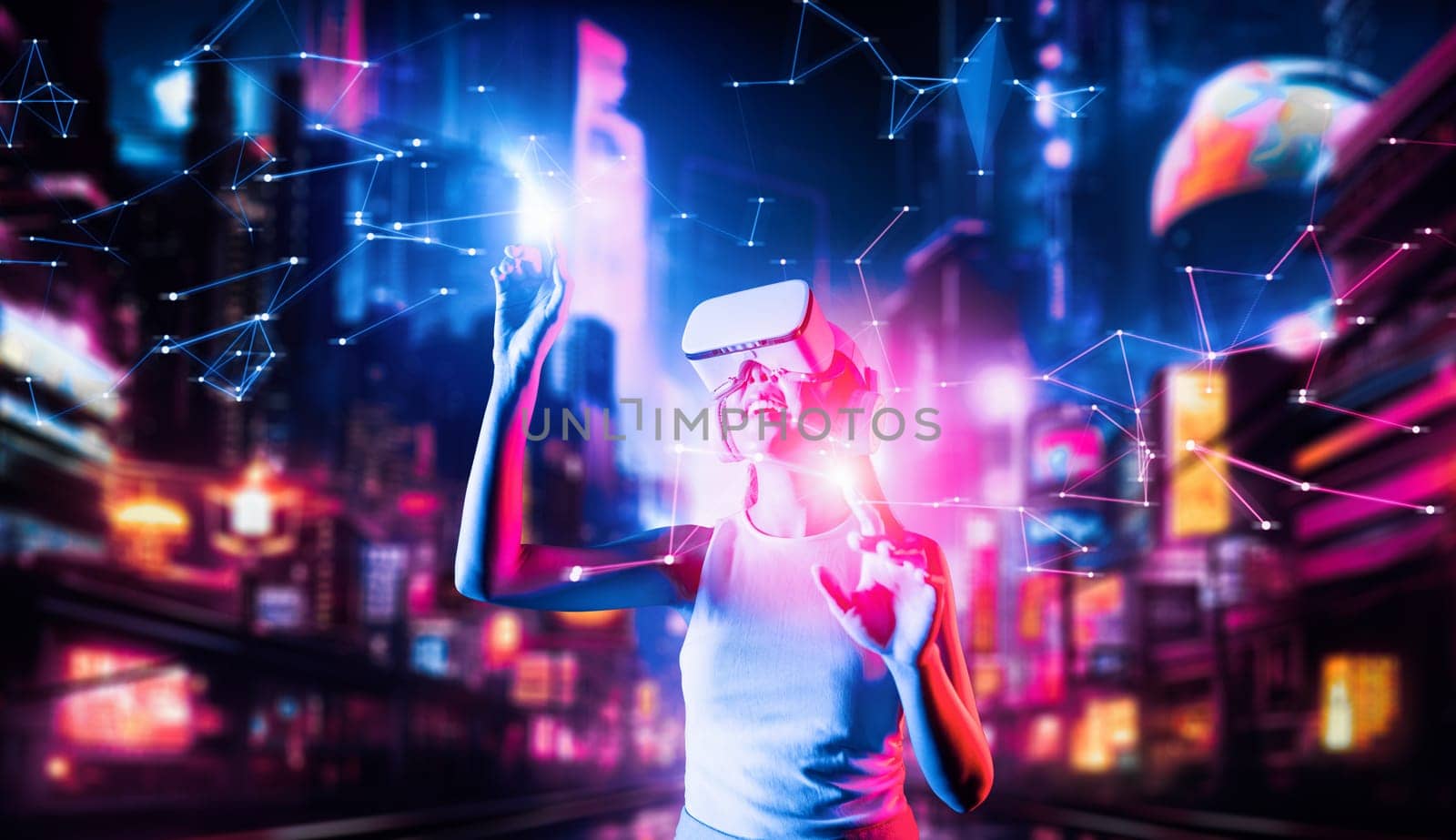 Female stand in cyberpunk style building in meta wear VR headset connect metaverse, future cyberspace community technology. Woman use fingers touch objects, light appear where she stab. Hallucination.