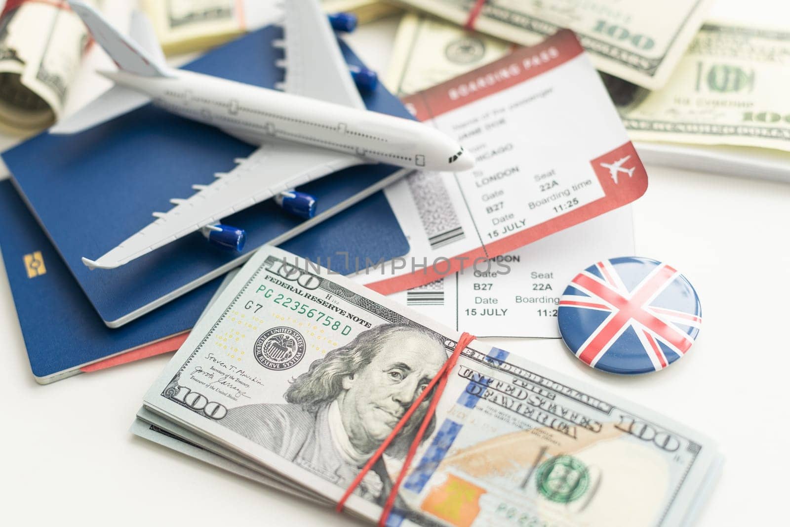 Plane on dollar cash background, travel with airplane concept. High quality photo