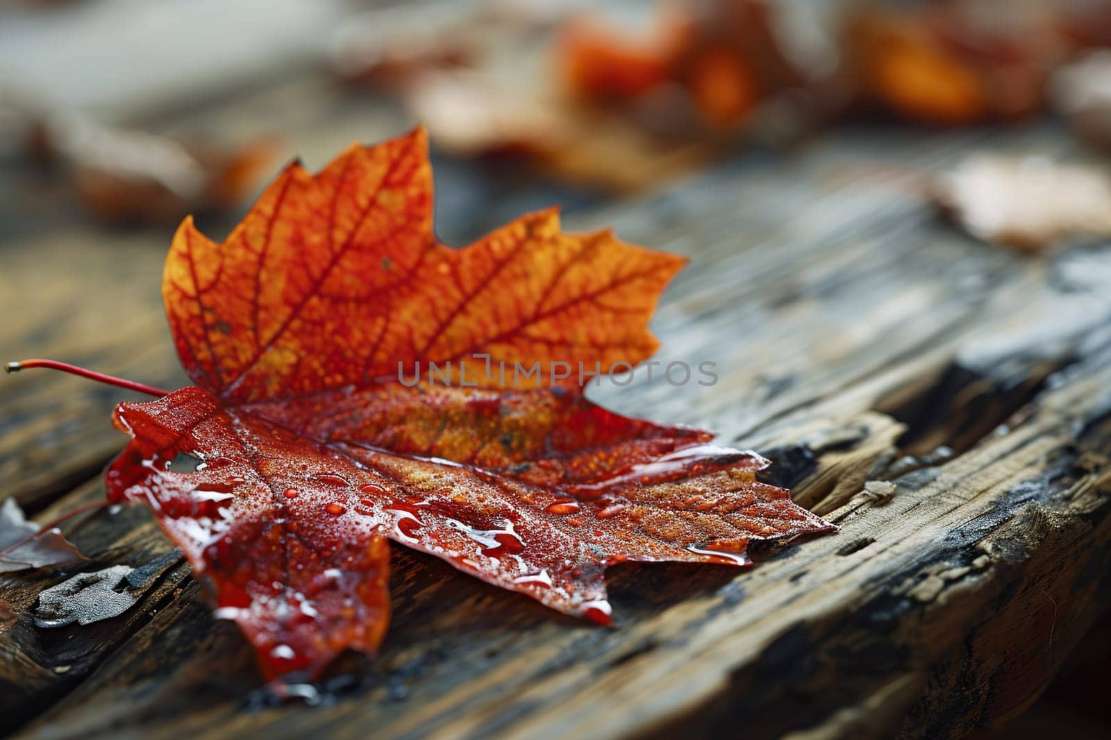 Red maple leaves on a wood background.