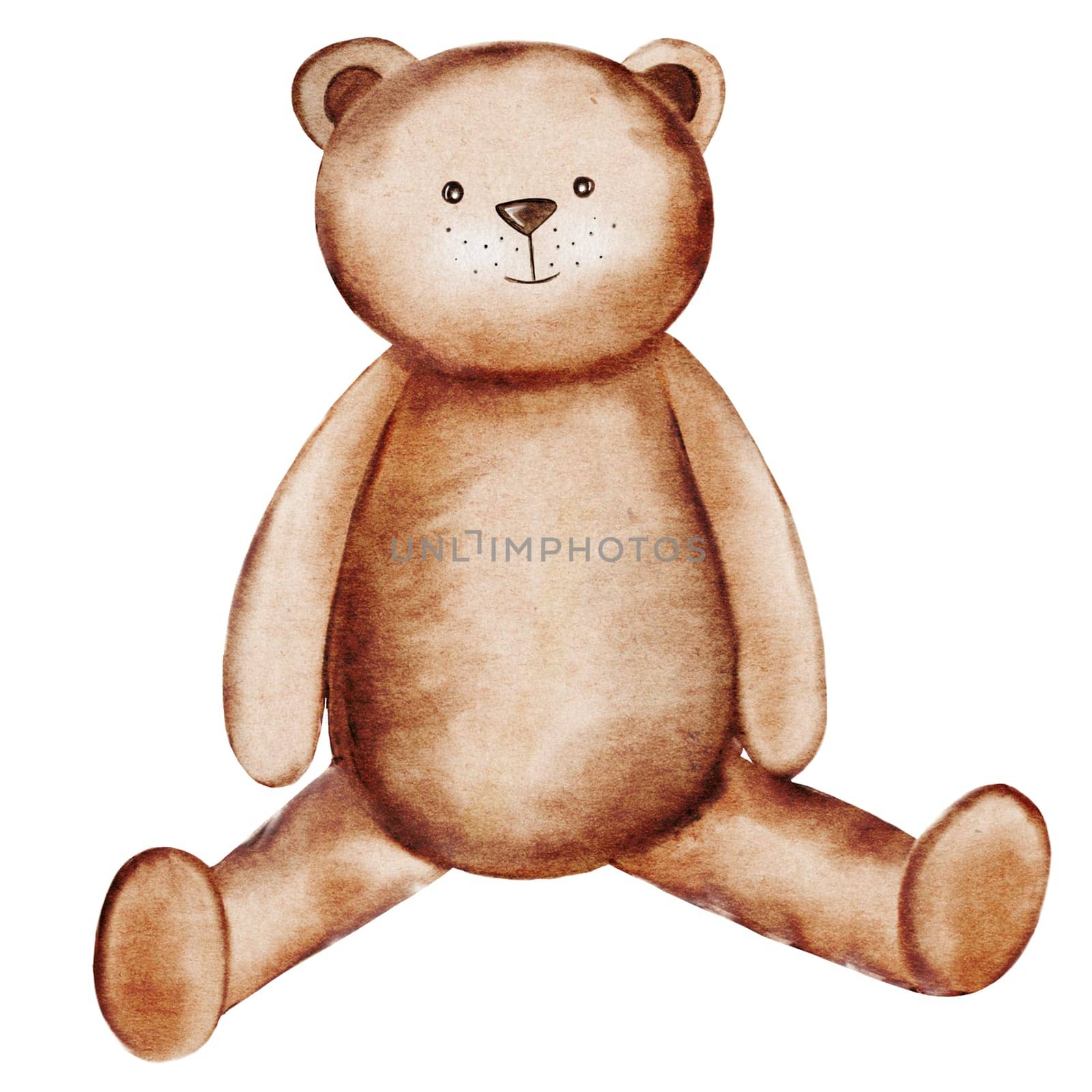 Cute cartoon teddy bear. Watercolor illustration of a plush toy on an isolated white background. Adorable hand drawing for children's design. Ideal for birthday cards and baby showers. High quality illustration