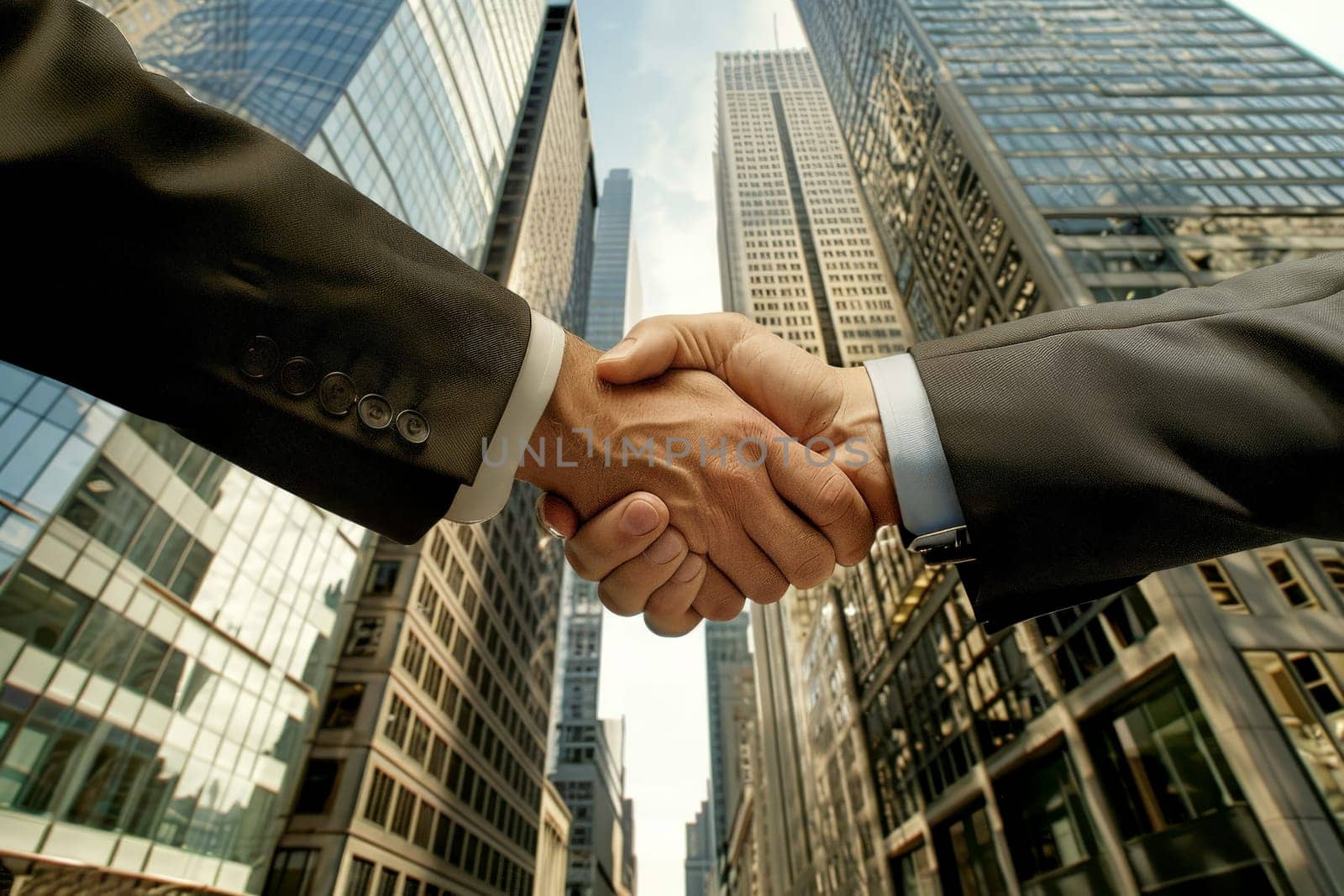business deal shaking hands on a skyscraper office background,. Generative AI by matamnad