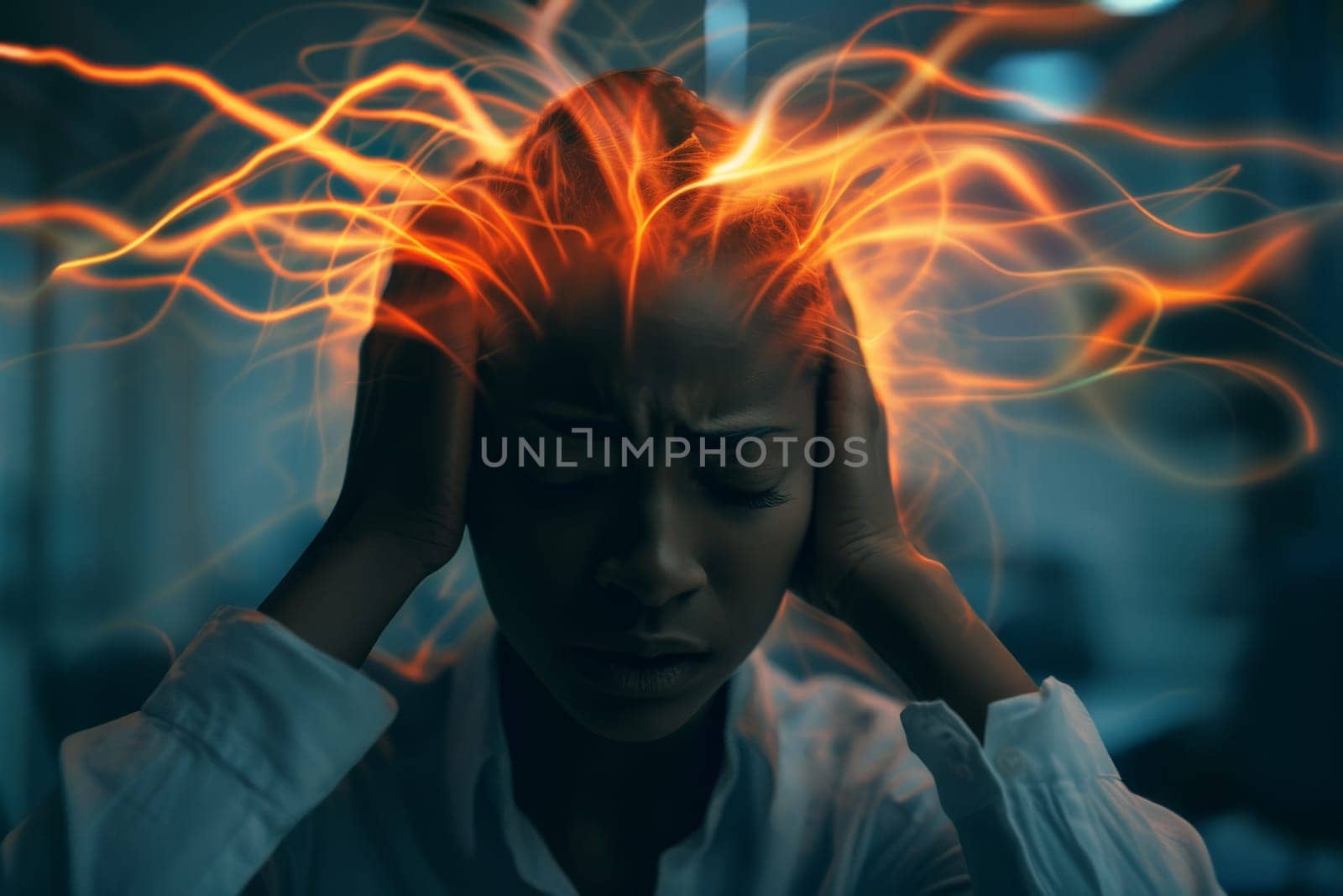 Havana syndrome, woman with migraine or headache holding her head due to pain, . generative Ai.