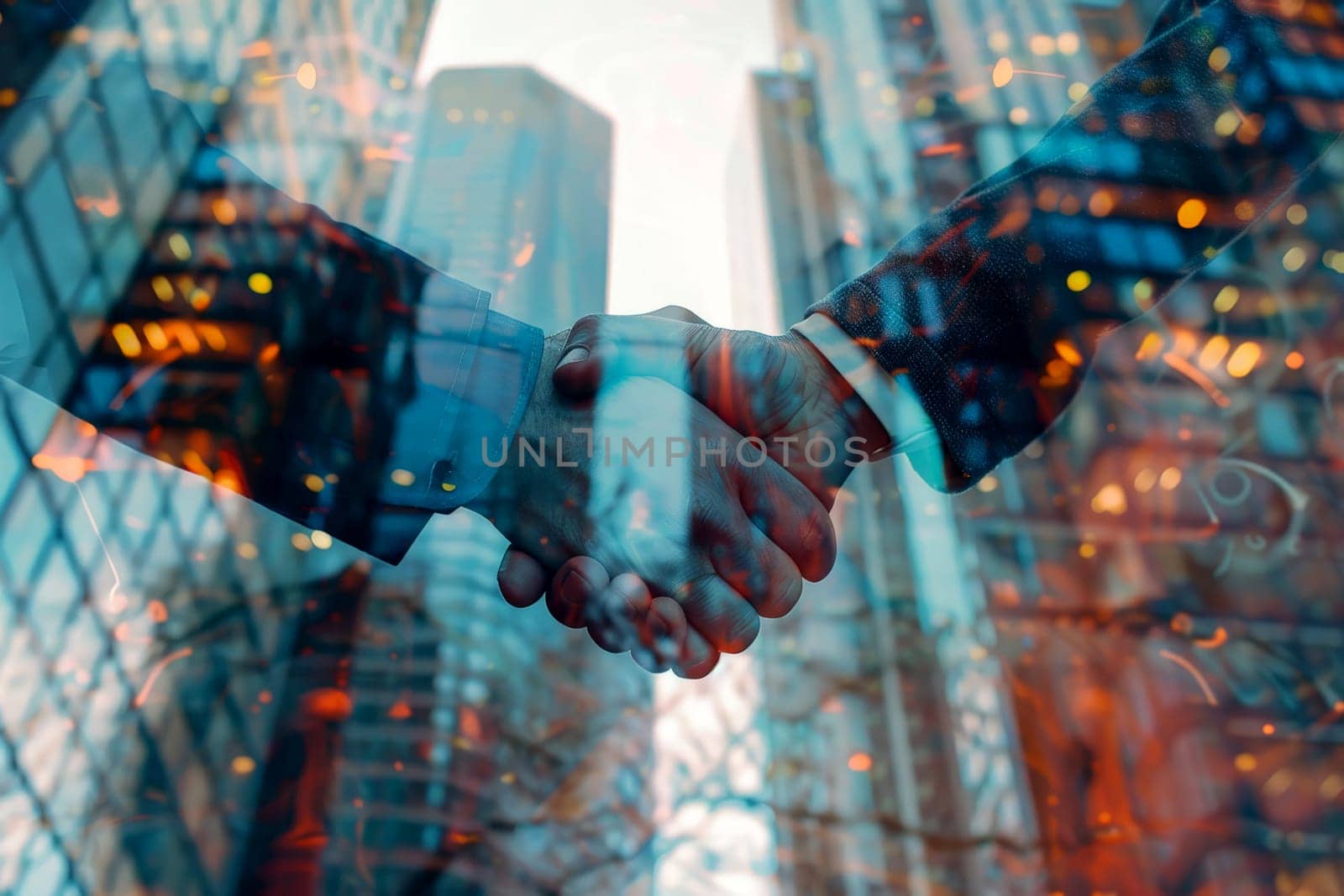 business deal shaking hands on a skyscraper office background,. Generative AI by matamnad