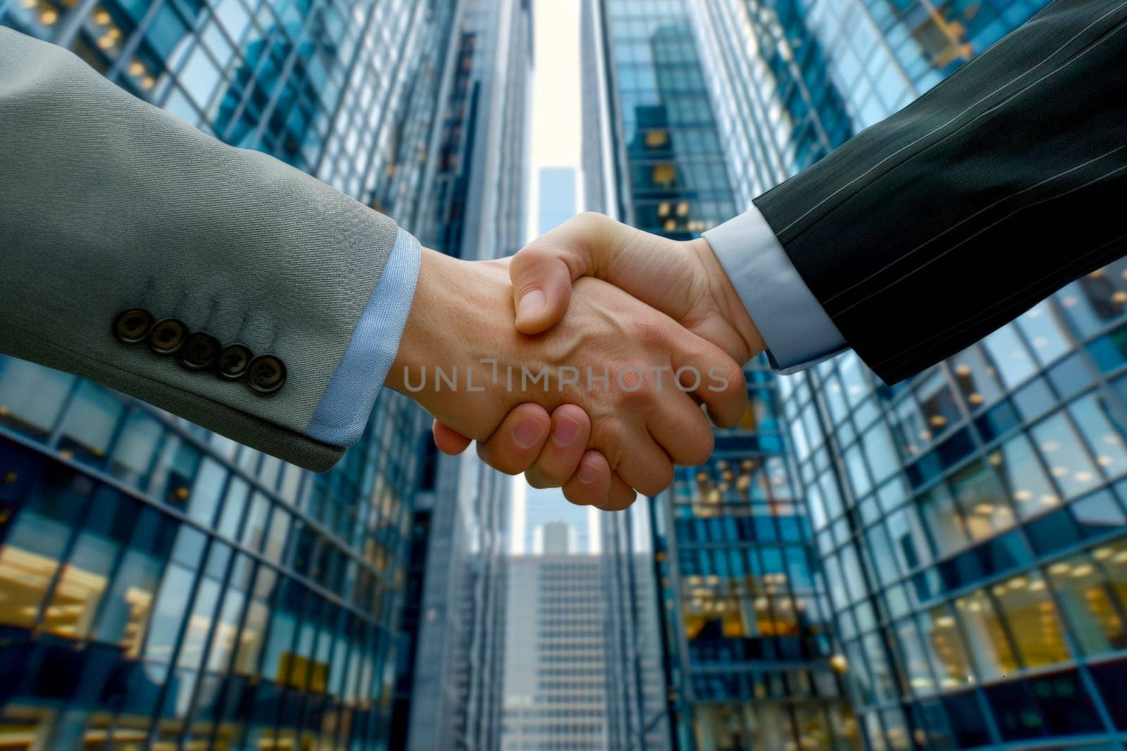 business deal shaking hands on a skyscraper office background,. Generative AI.