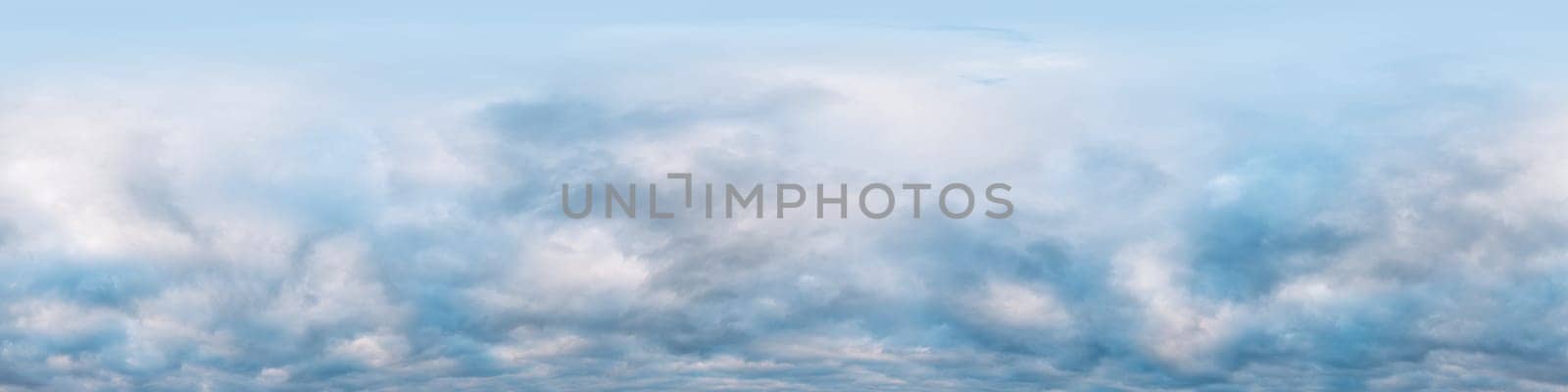 Dramatic overcast sky panorama with dark gloomy Cumulonimbus clouds. HDR 360 seamless spherical panorama. Sky dome in 3D, sky replacement for aerial drone panoramas. Weather and climate change