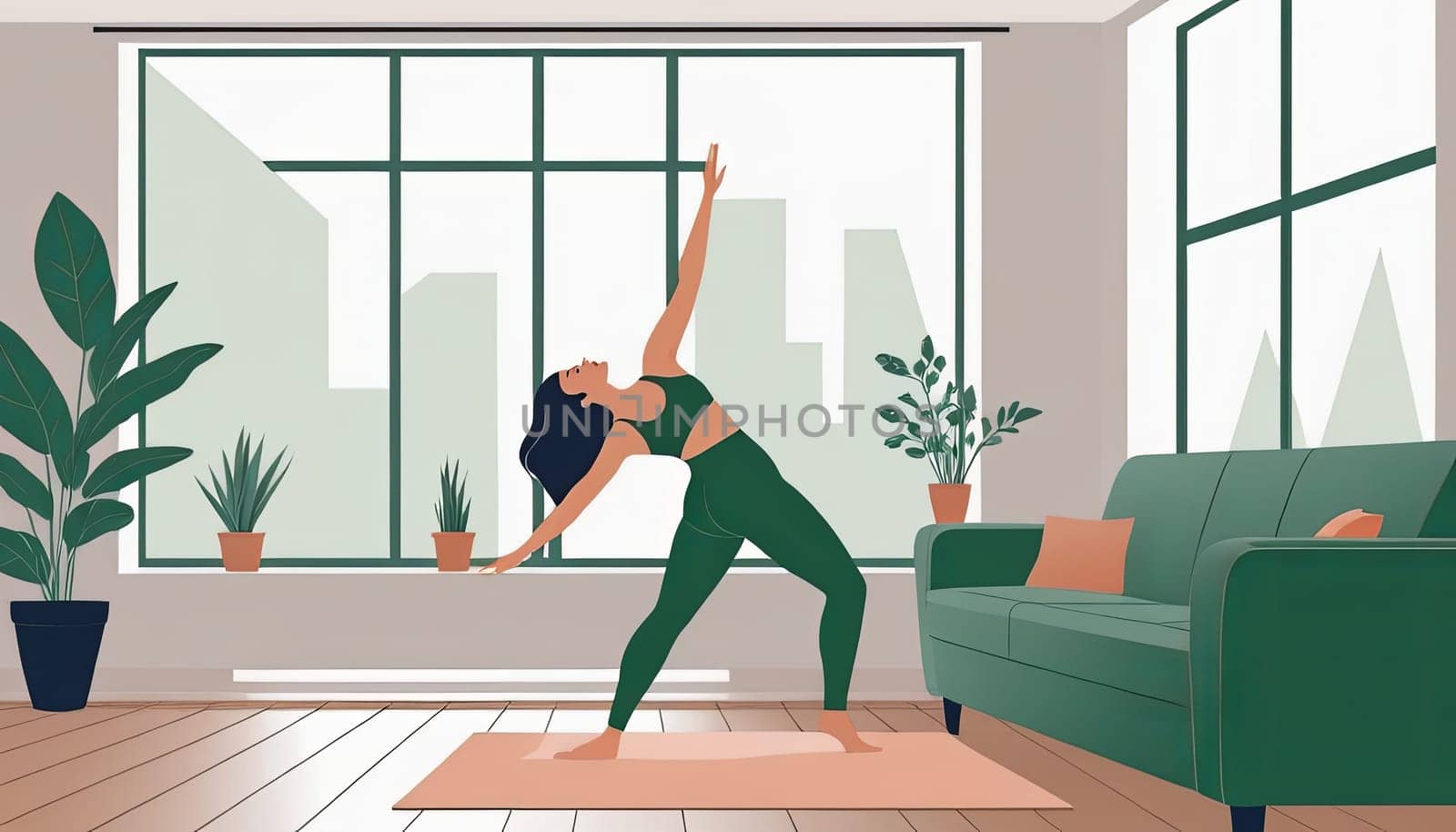 Woman, yoga practice near sofa, leggings and top attire. Bright room, large window, floor-standing flower