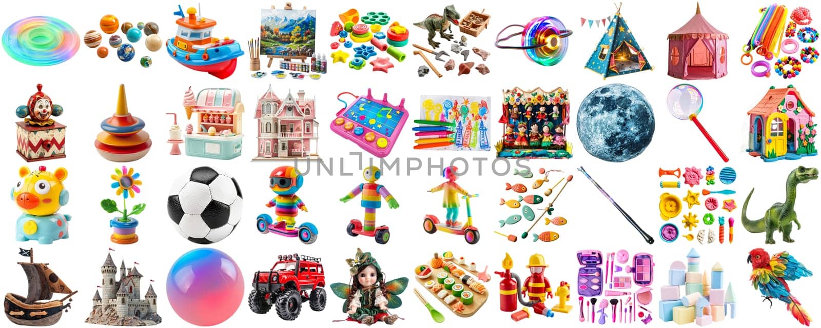 big collection of different toys for children kid, school playroom decor, magnet toy, doll, teddy bear, board game, photo collage set, isolated transparent background AIG44