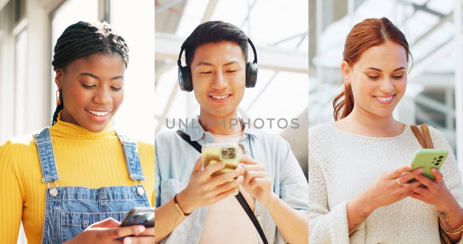 Happy, communication and people with phone for social media, internet or technology streaming. Smile, global and diversity of friends reading news on a mobile for a chat, information or the web.