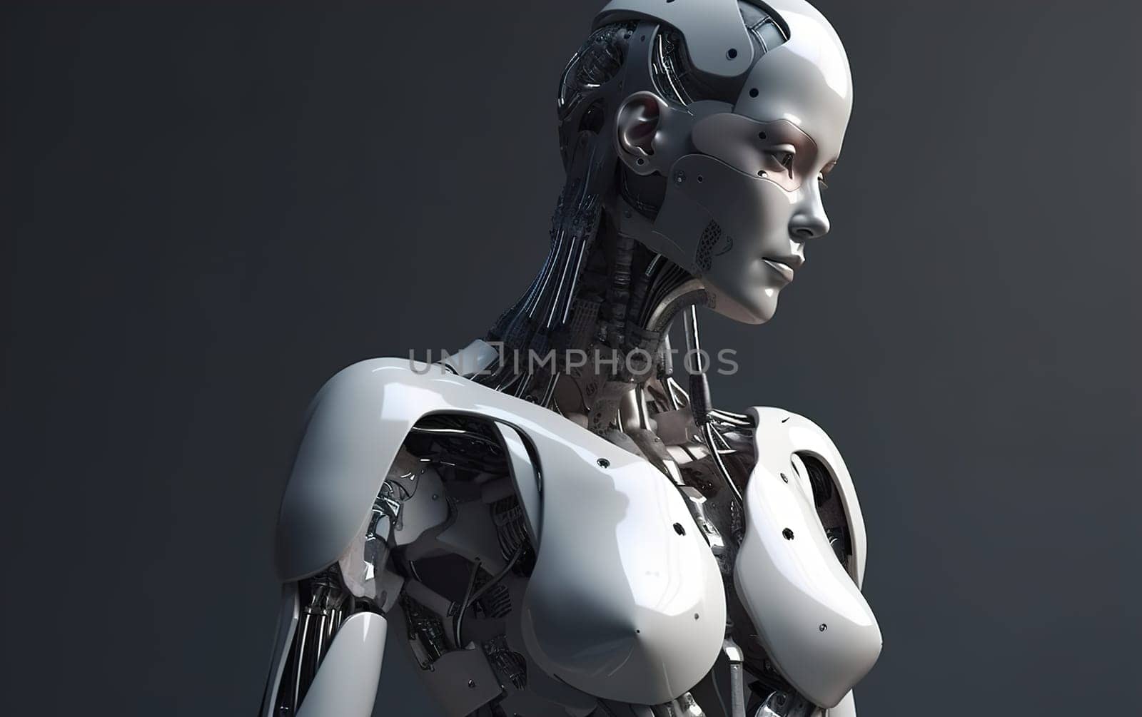 Portrait of robot woman close-up with real face cyber-girl with white body and a metal glowing mechanism in her neck. by Jyliana