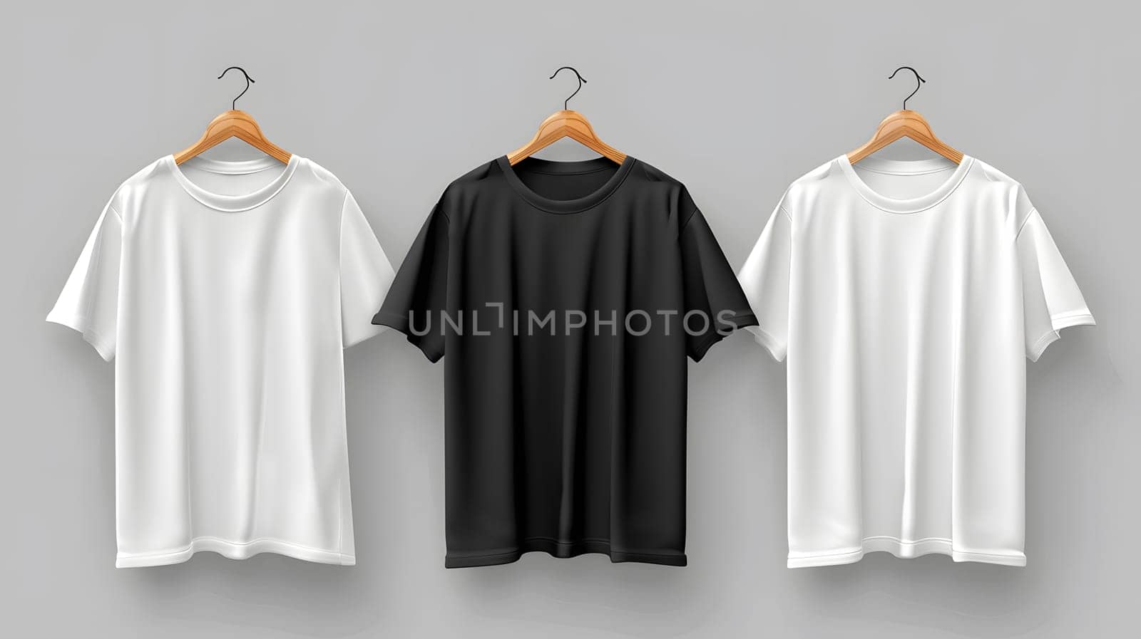 Outerwear consisting of three white and black Tshirts with unique fashion designs hanging on wooden hangers, showcasing different sleeve patterns for a stylish event outfit