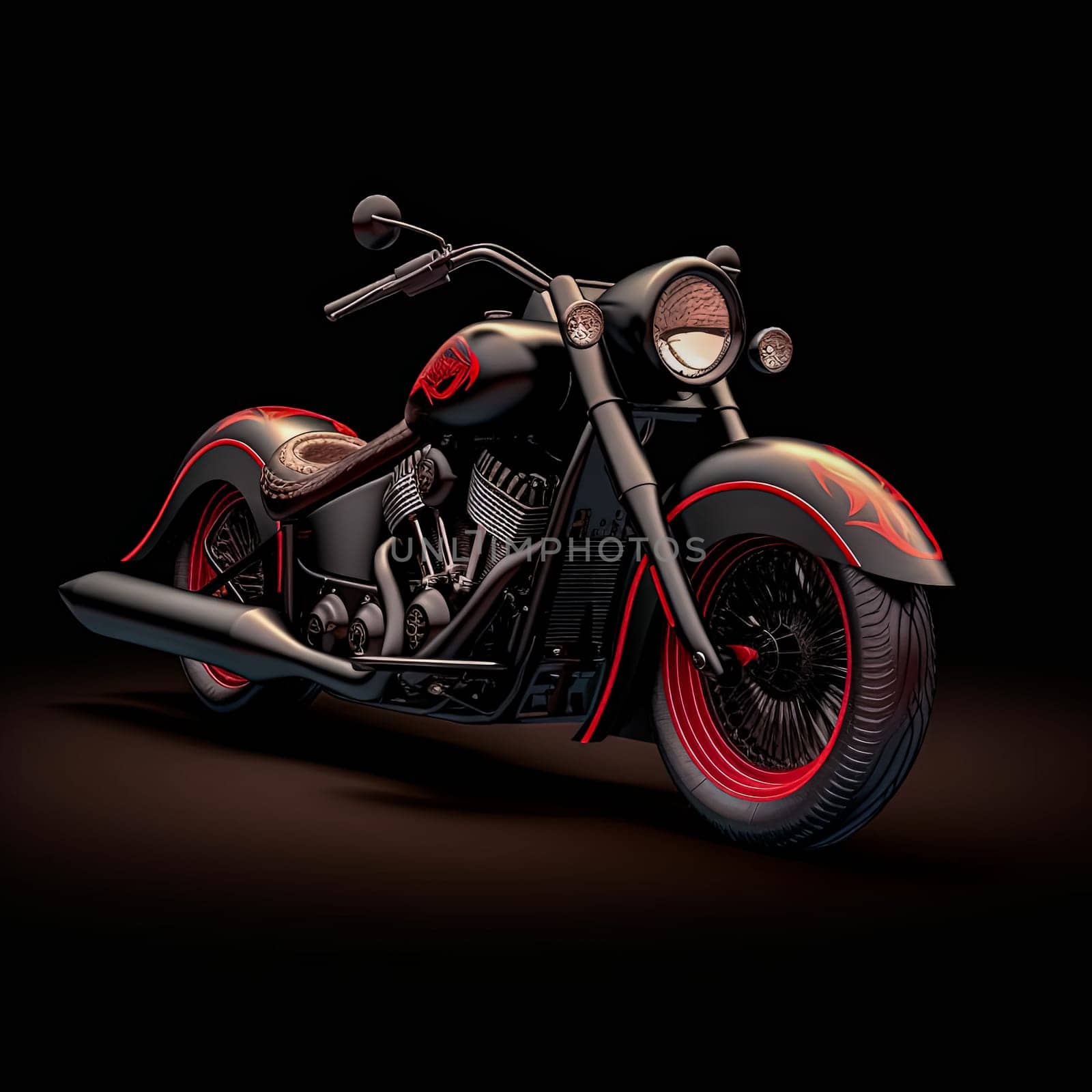 A black motorcycle with red accents is parked in front of a dark background. The motorcycle is the main focus of the image, and it is a custom or modified bike
